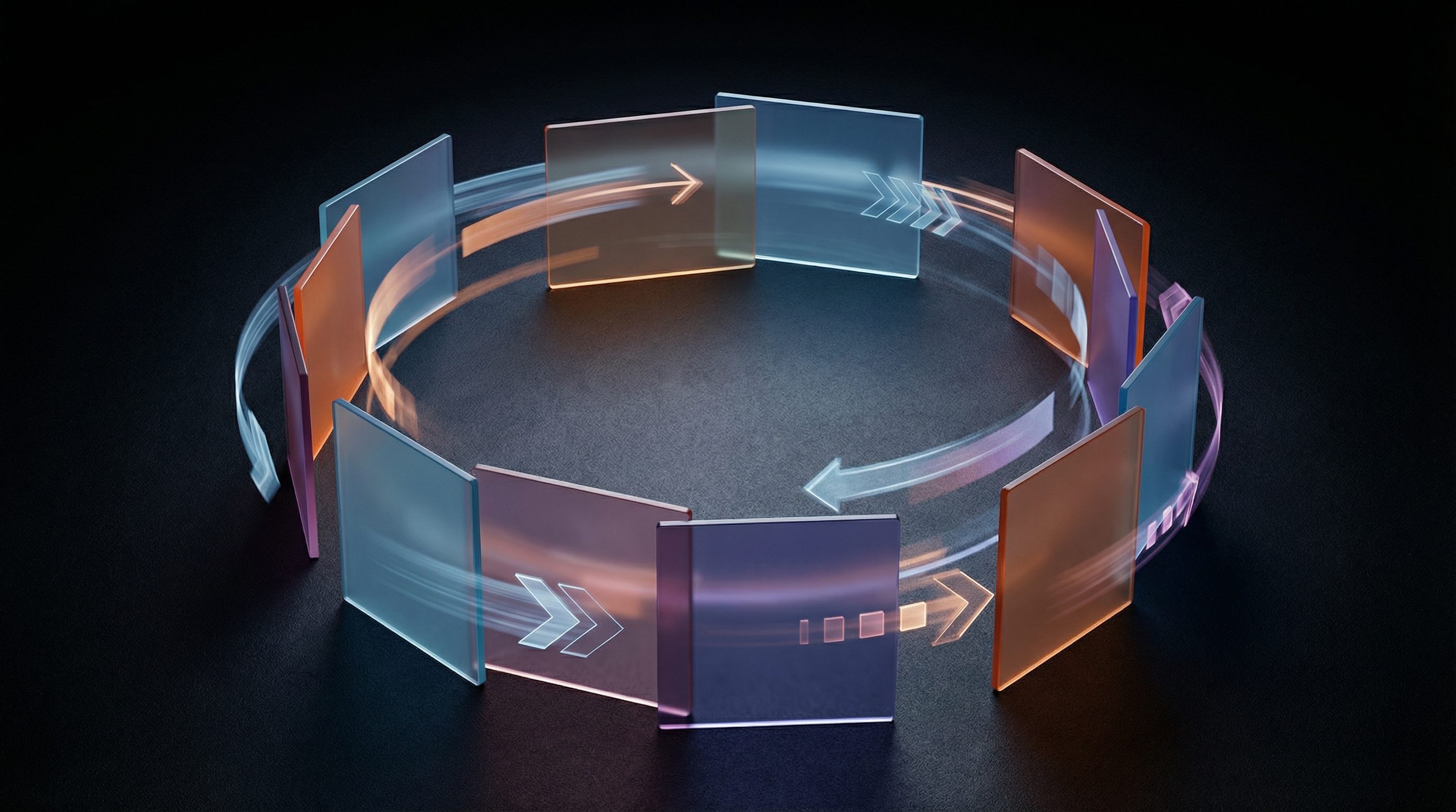 Abstract circular data flow with glass panels