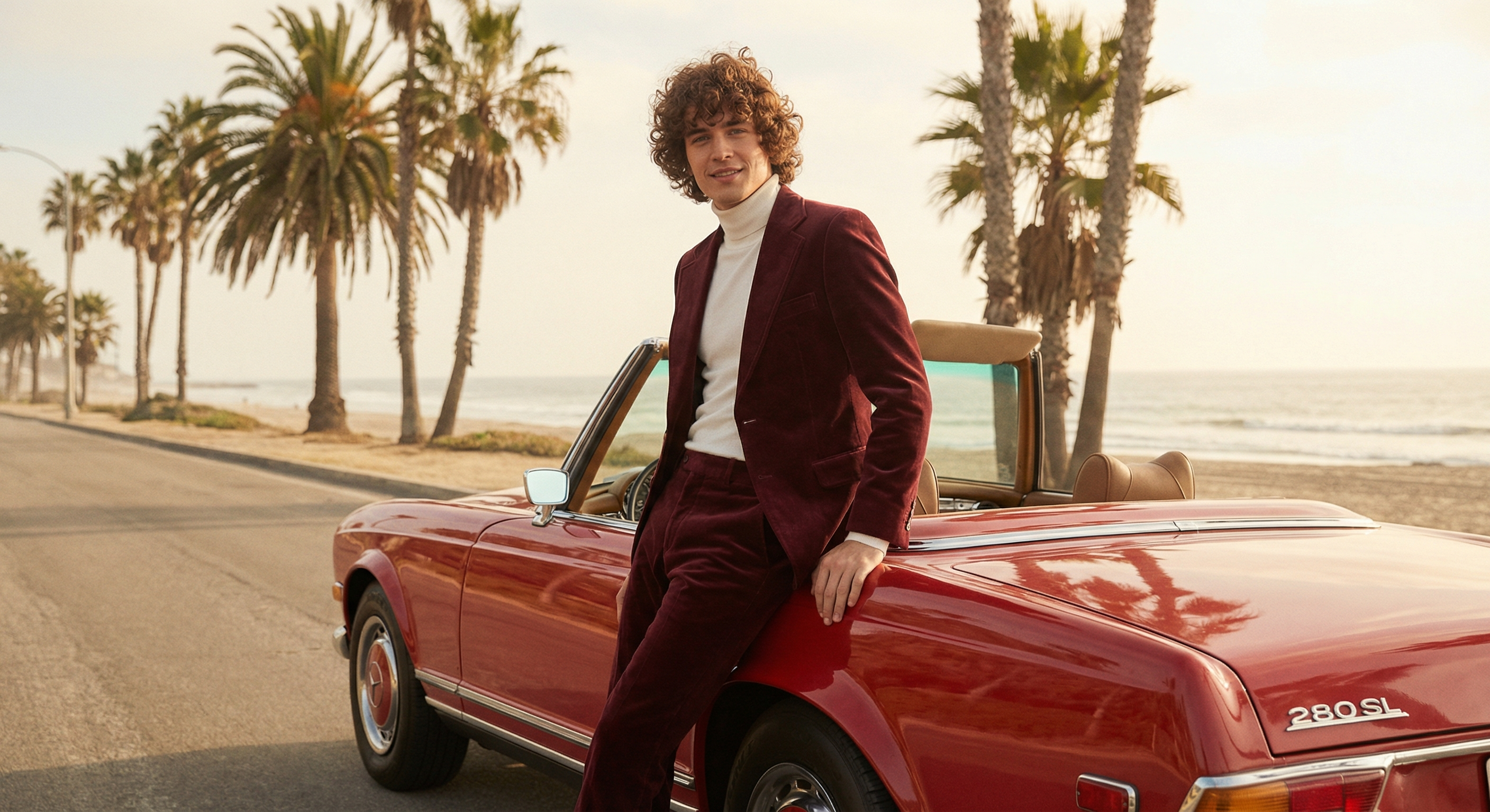 Man in burgundy suit by red convertible at beach