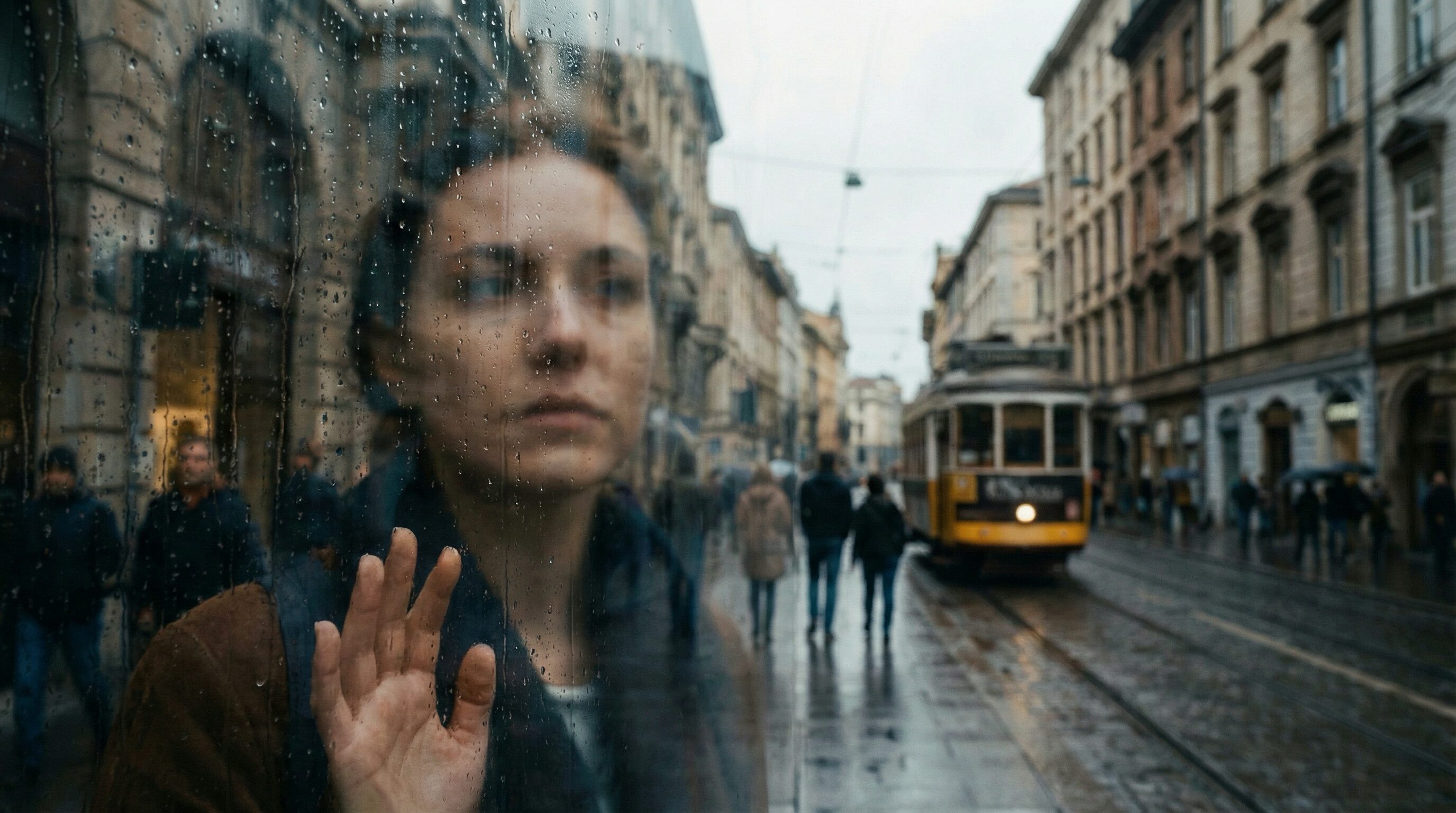 Woman at rainy window overlooking city tram