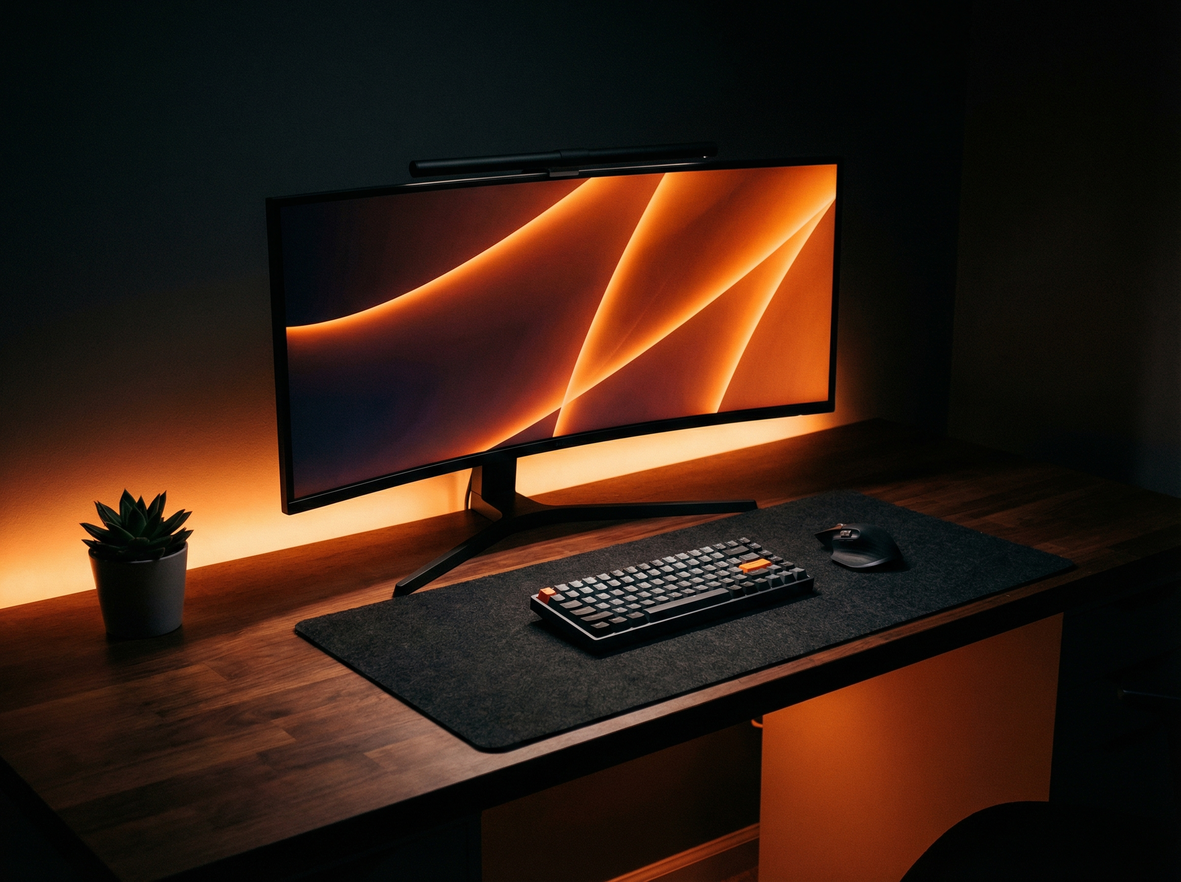 Minimalist ultrawide monitor desk setup