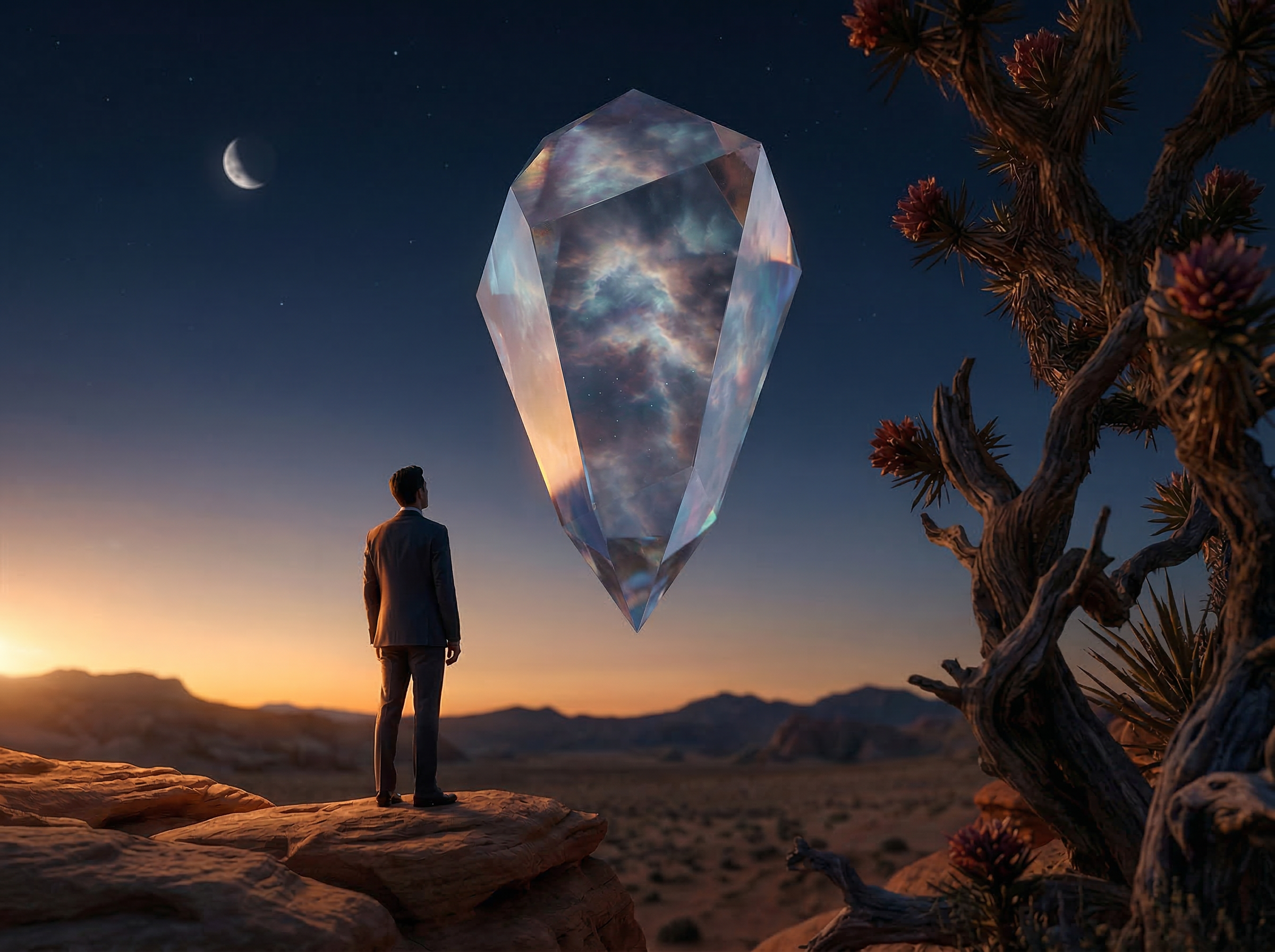 Man Facing Floating Crystal at Desert Twilight
