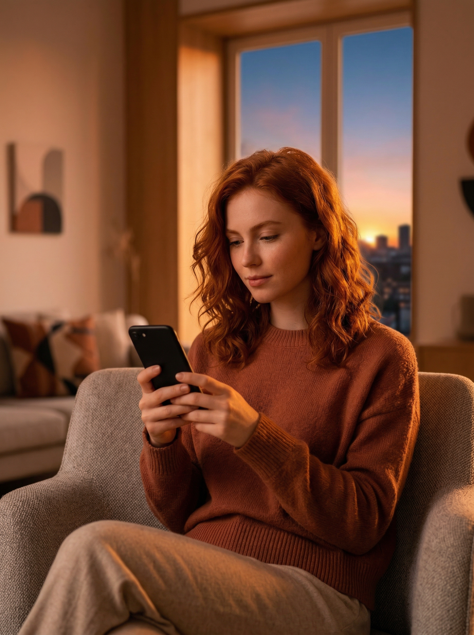Woman Using Smartphone at Sunset Indoors
