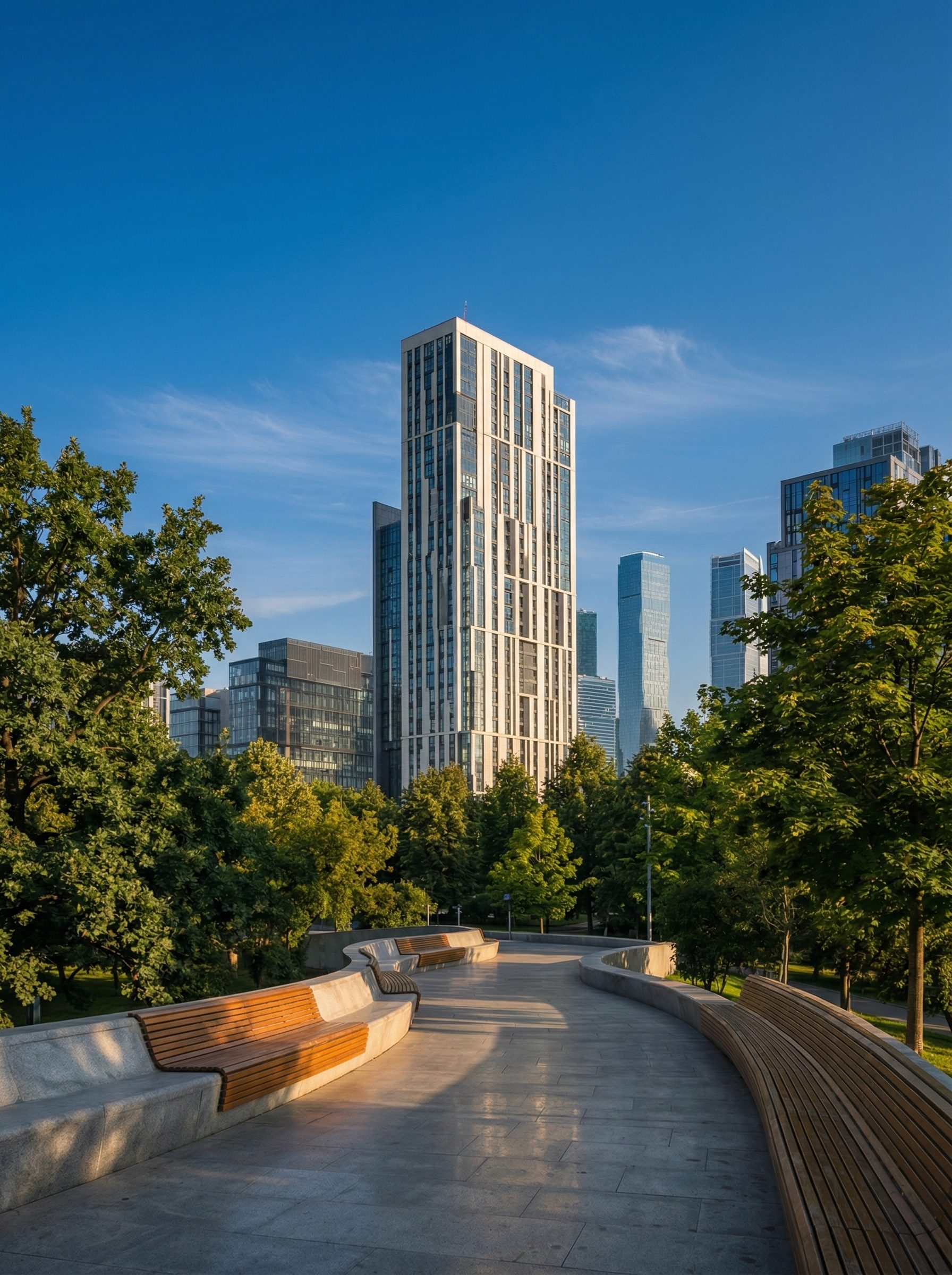 Modern city skyline above a park walkway