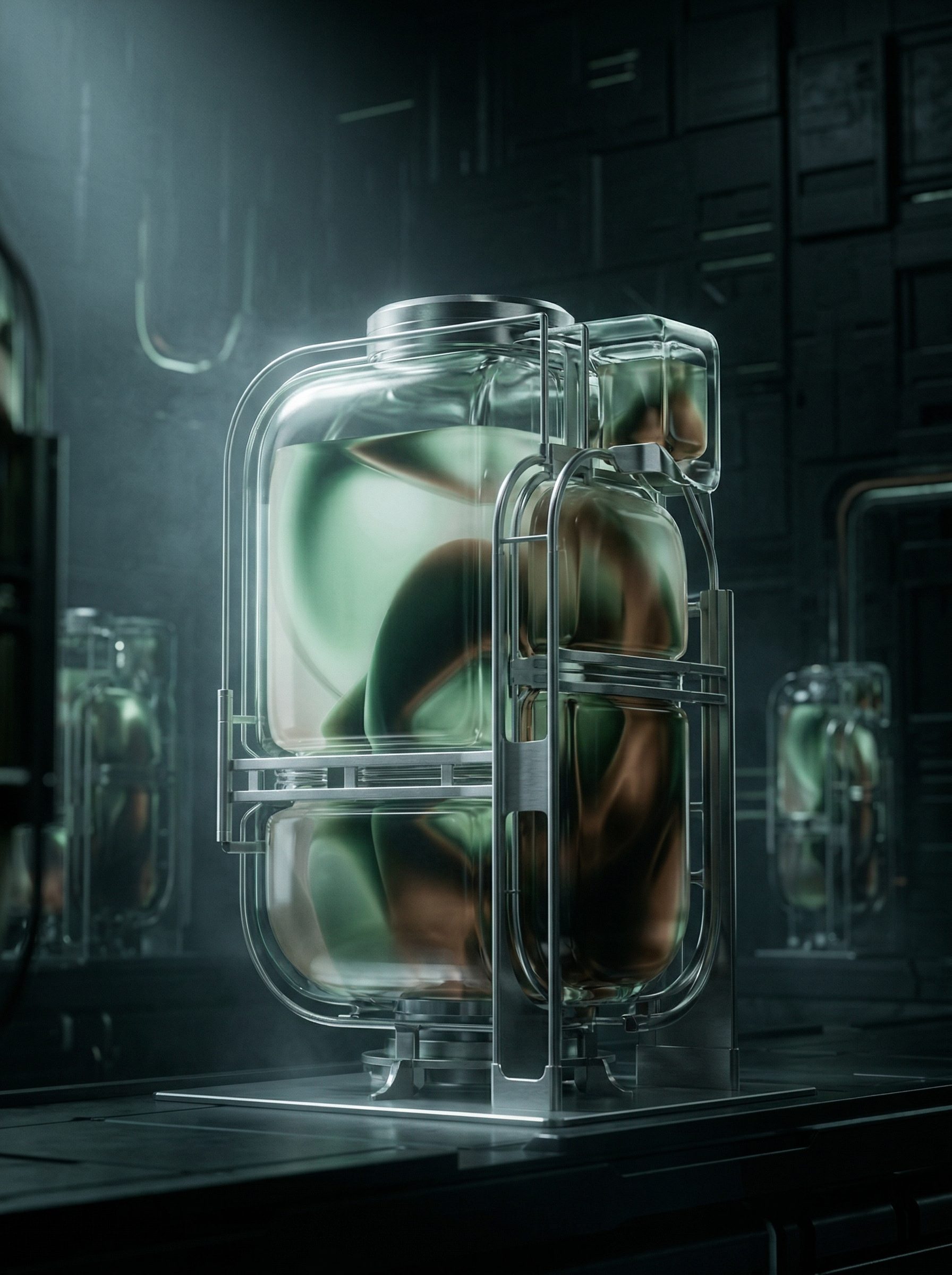 Futuristic Biotech Specimen in Glass Containment Pod