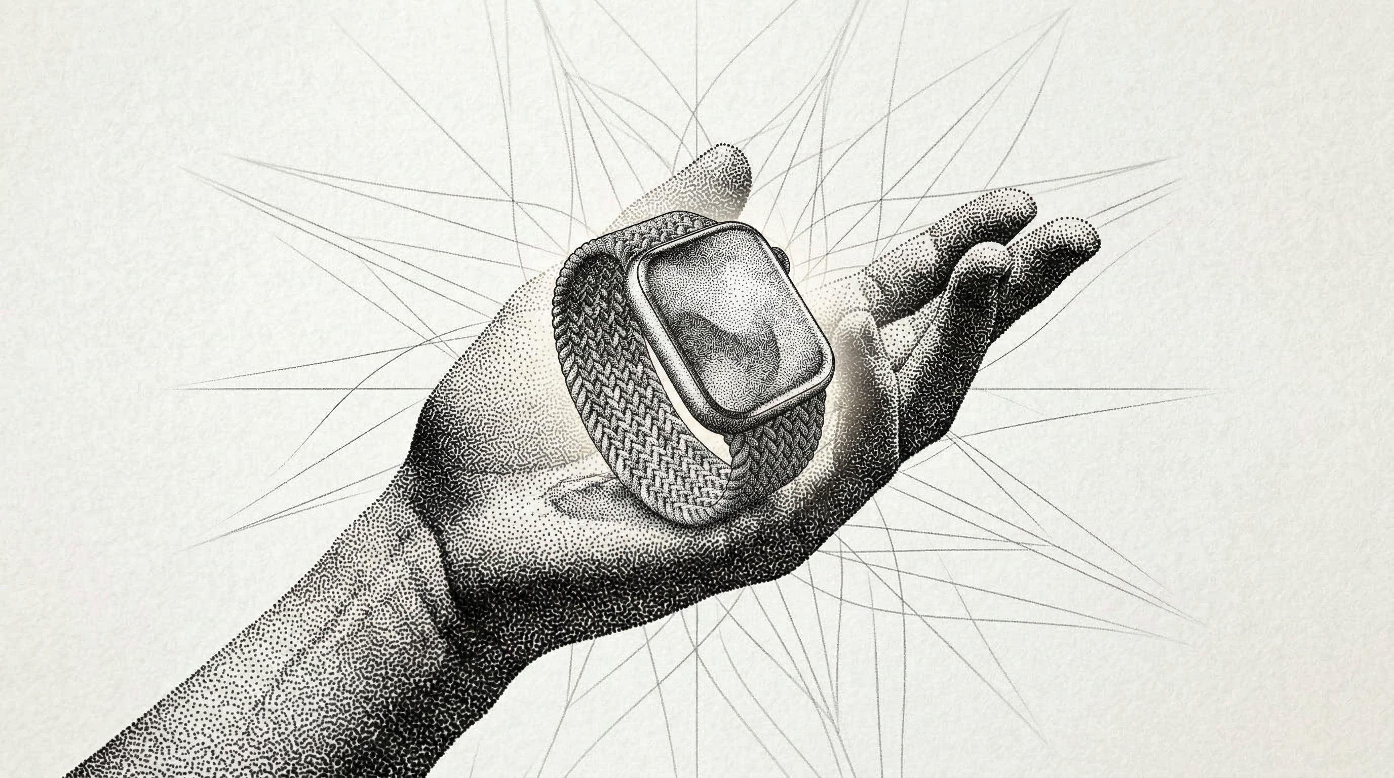 Hand holding a smartwatch in stippled illustration