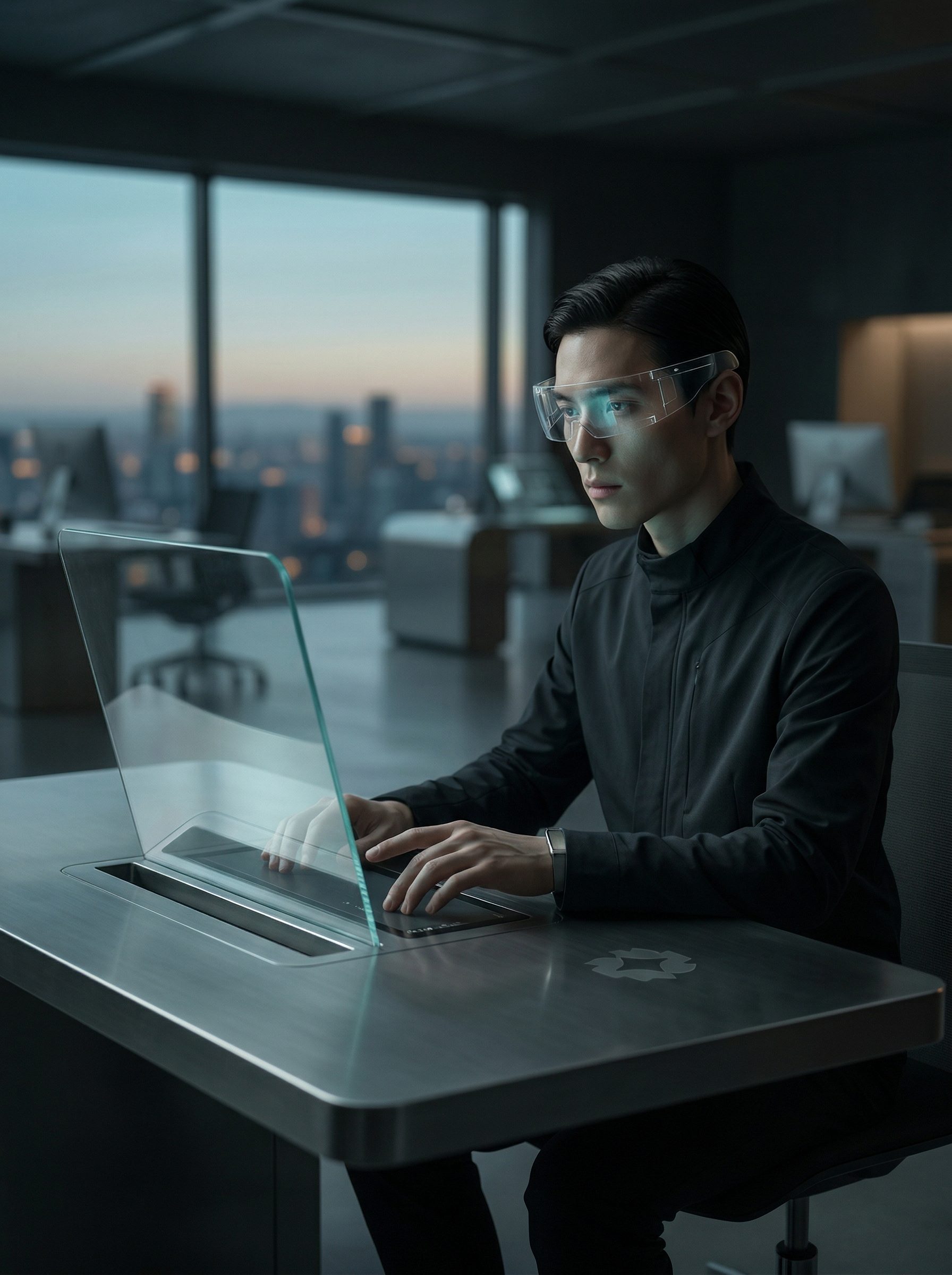 Futuristic office worker using transparent display