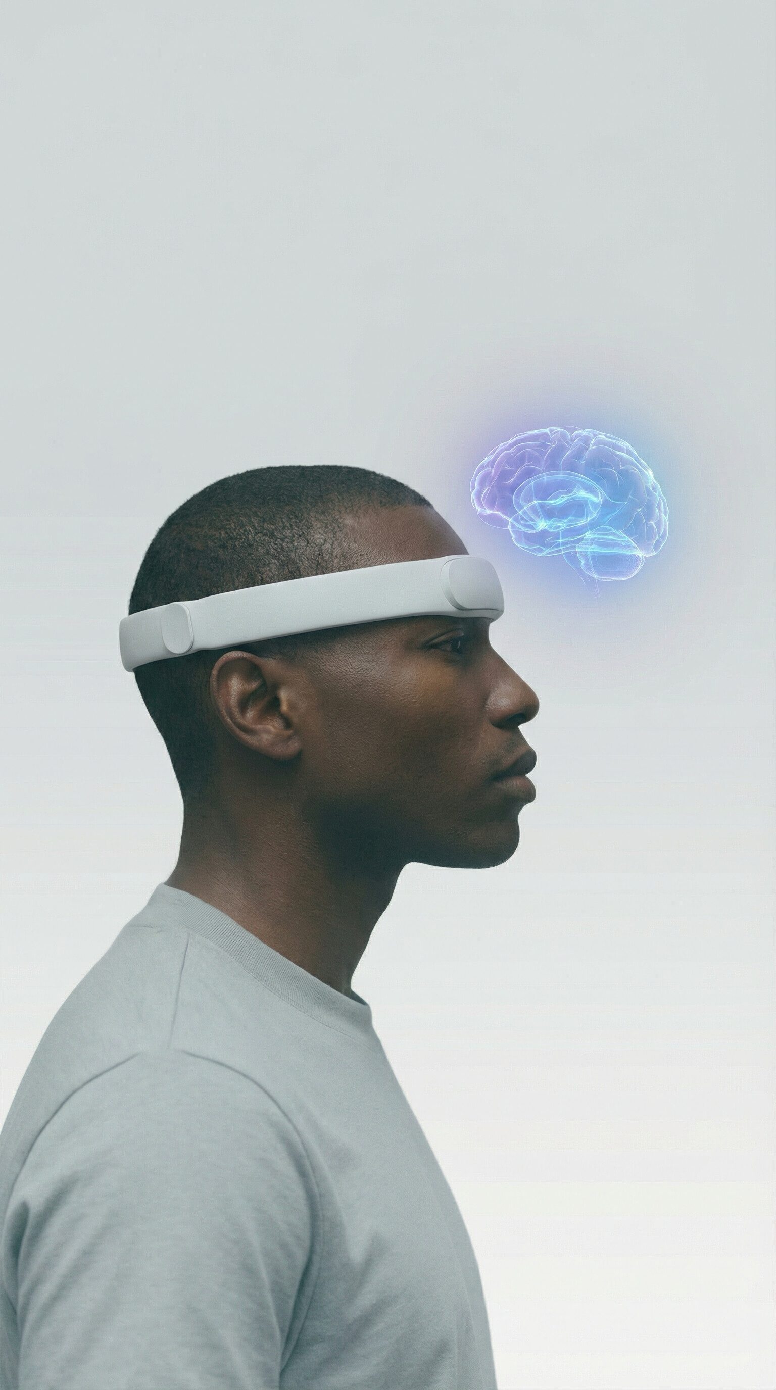 Man wearing brain-sensing headset in profile