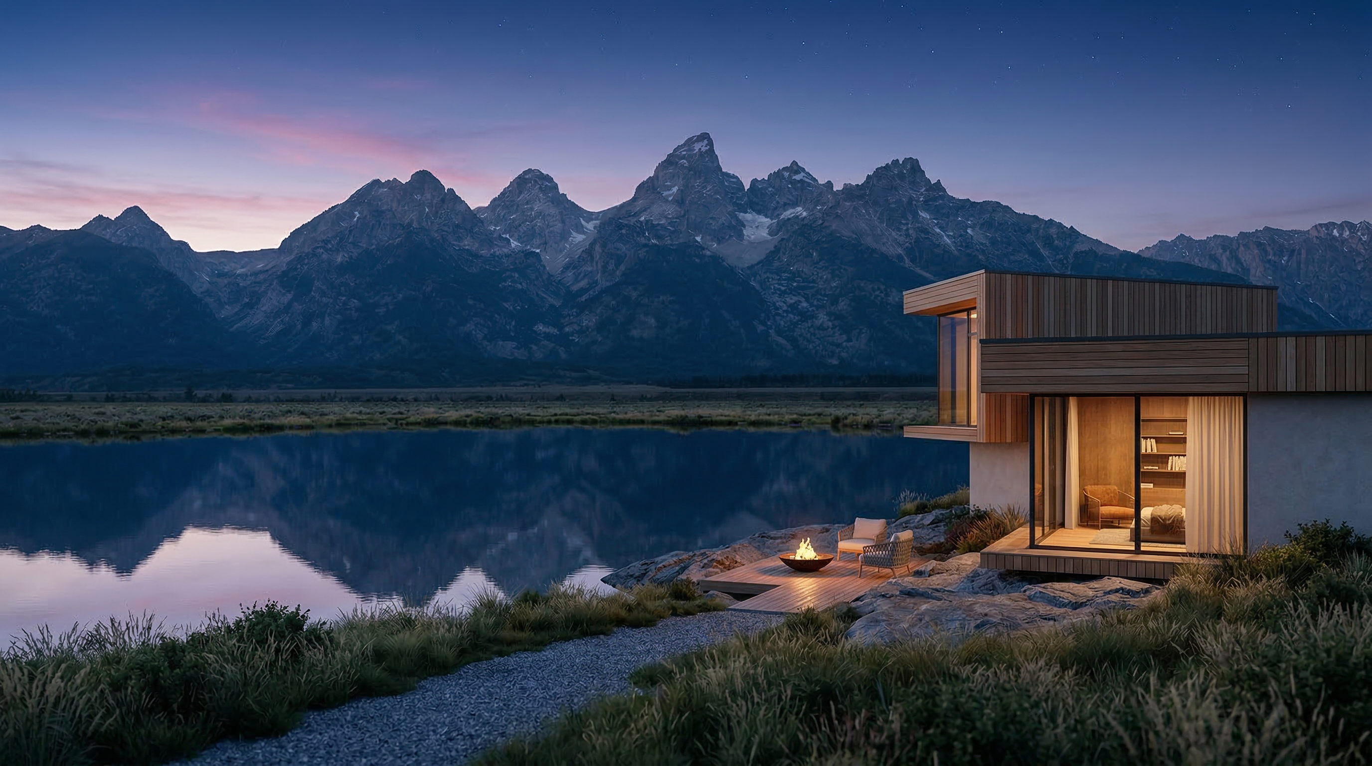 Modern Lake House at Mountain Dusk