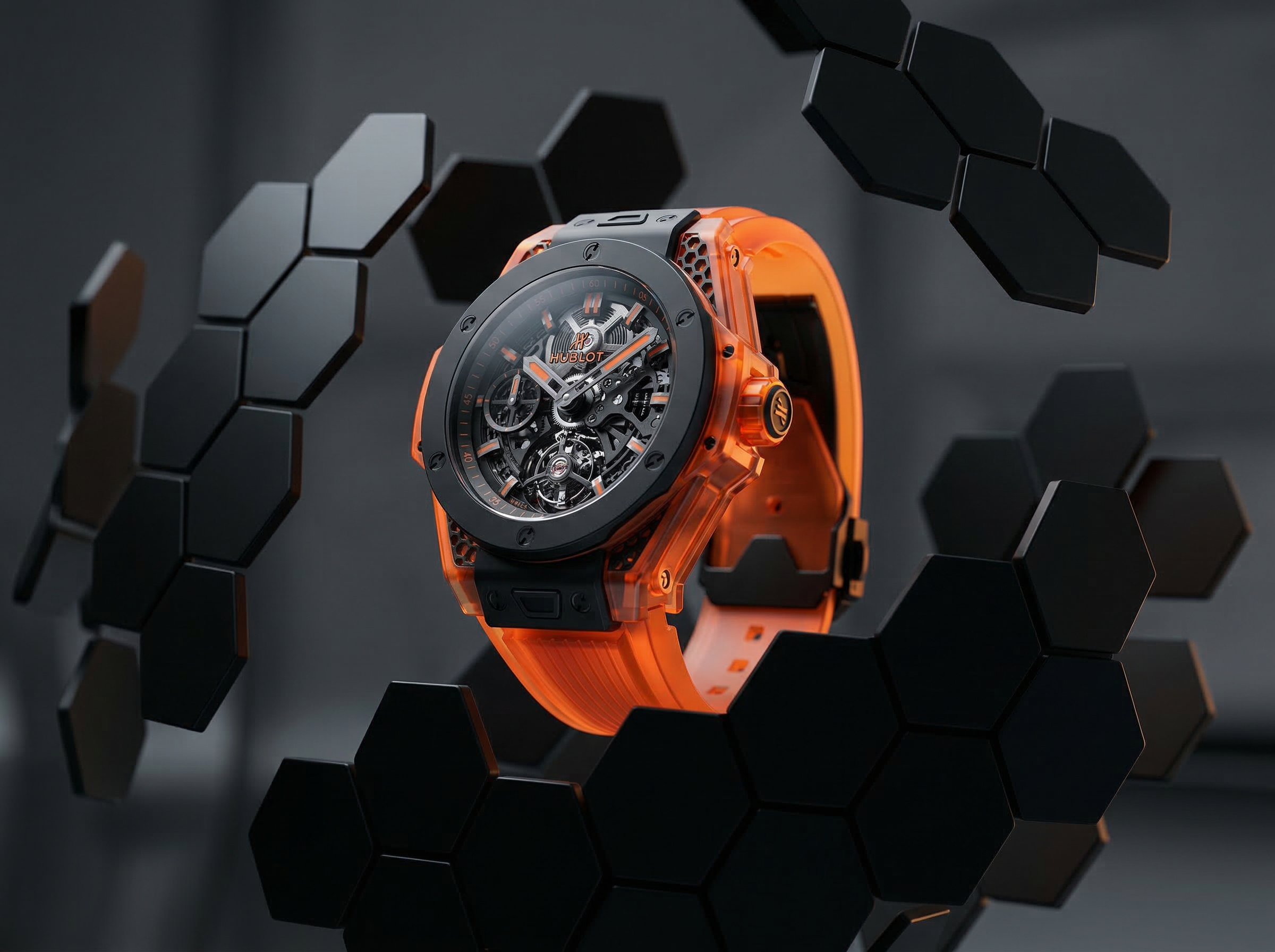 Orange skeleton watch with hexagon tech backdrop