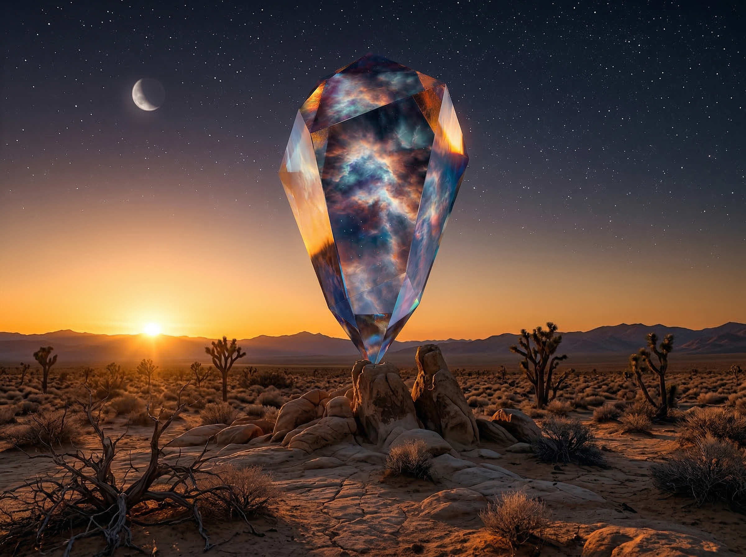 Surreal Crystal Monolith in Desert Sunrise