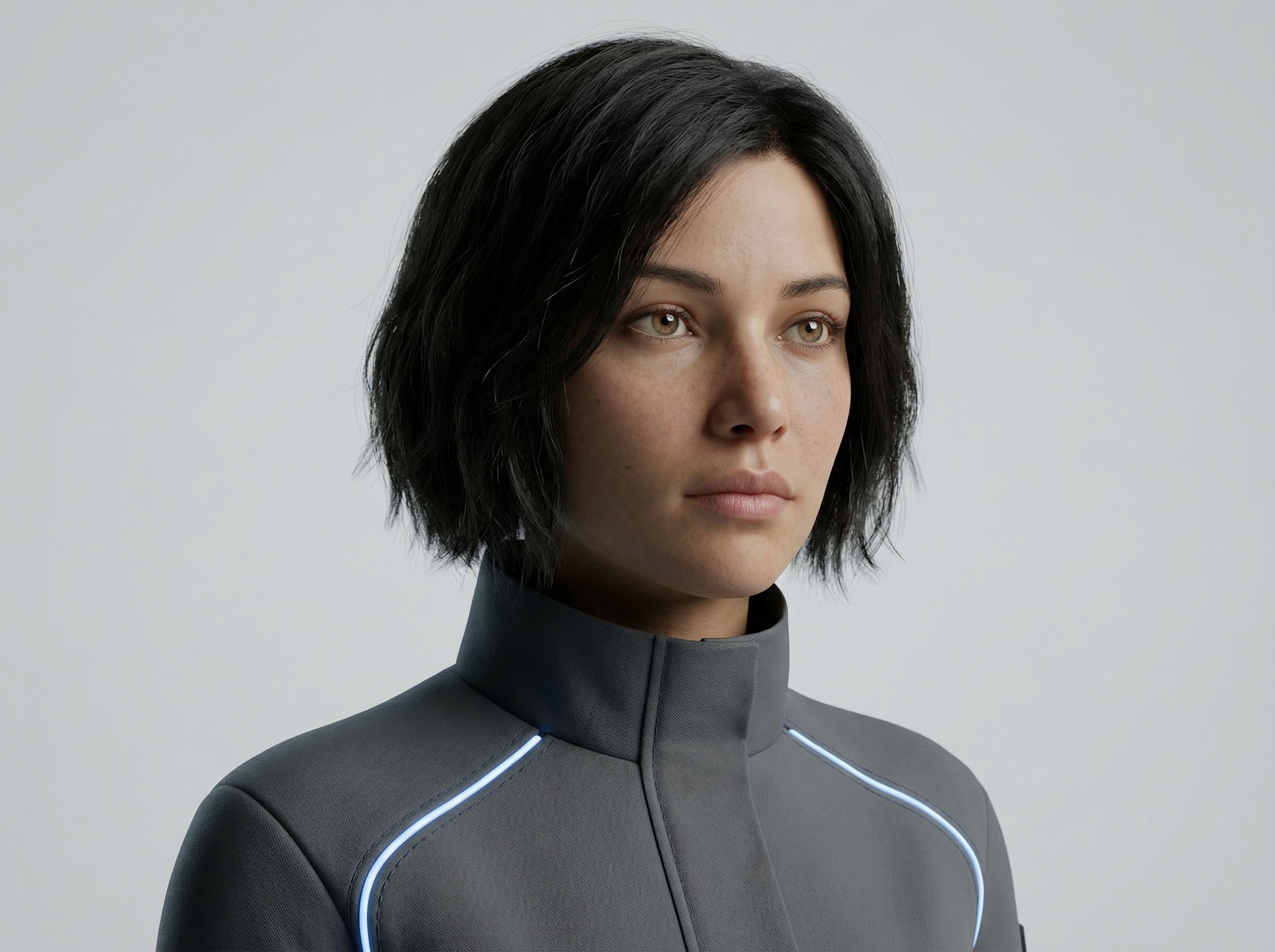 Futuristic Woman Portrait in Gray Suit