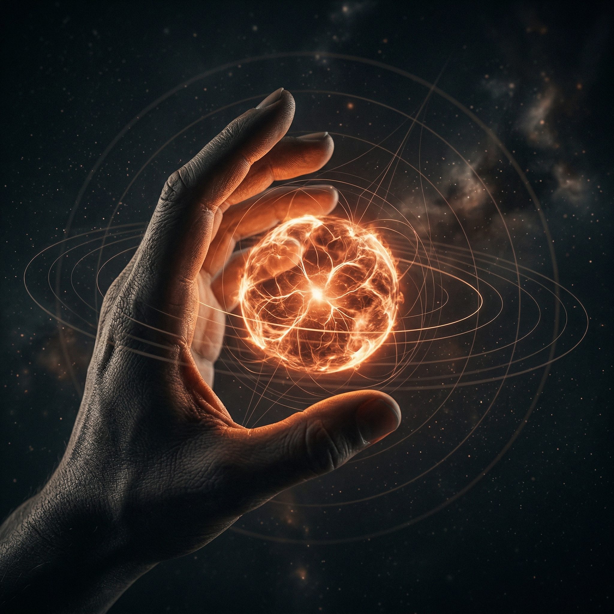 Hand Holding a Glowing Energy Sphere in Space