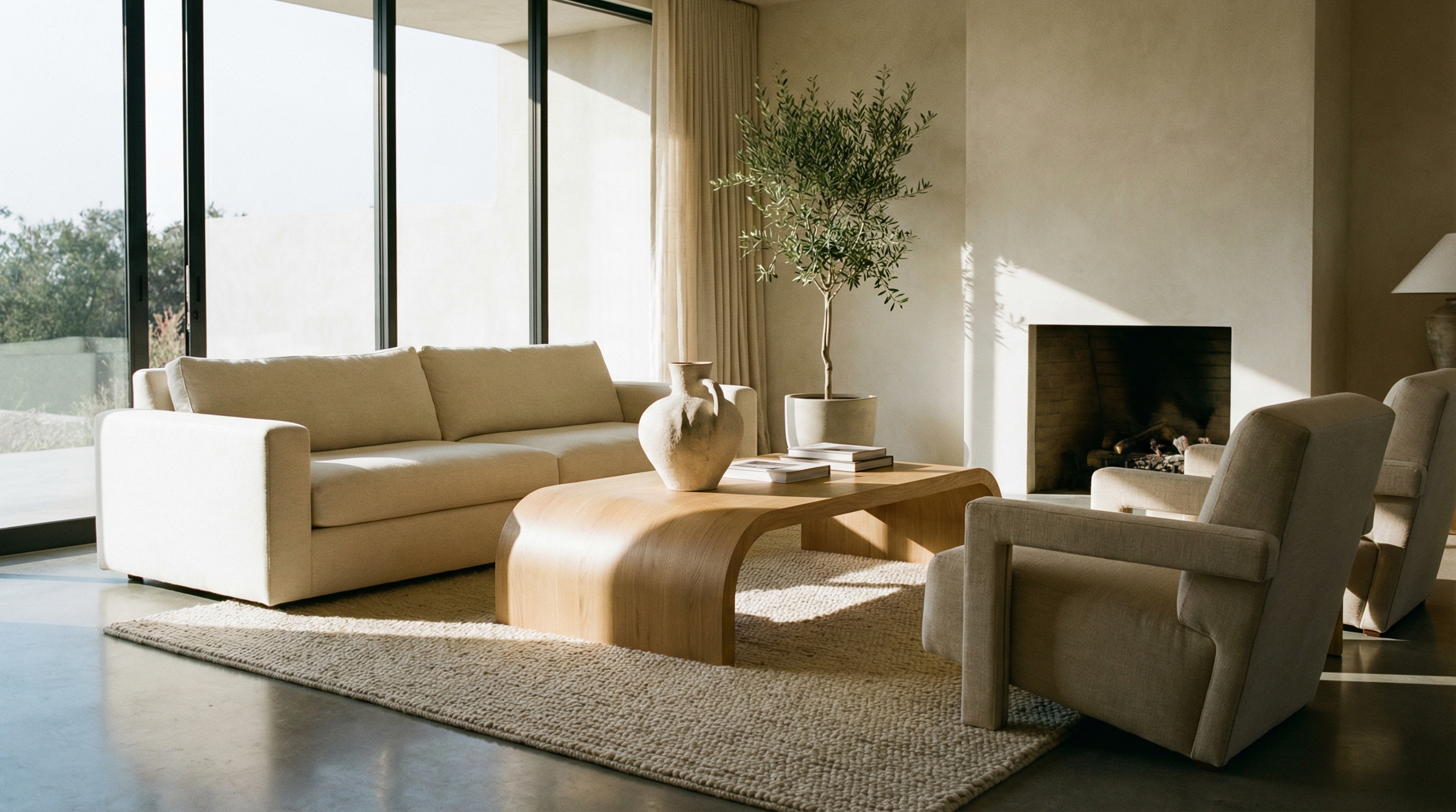 Minimalist neutral living room with natural light