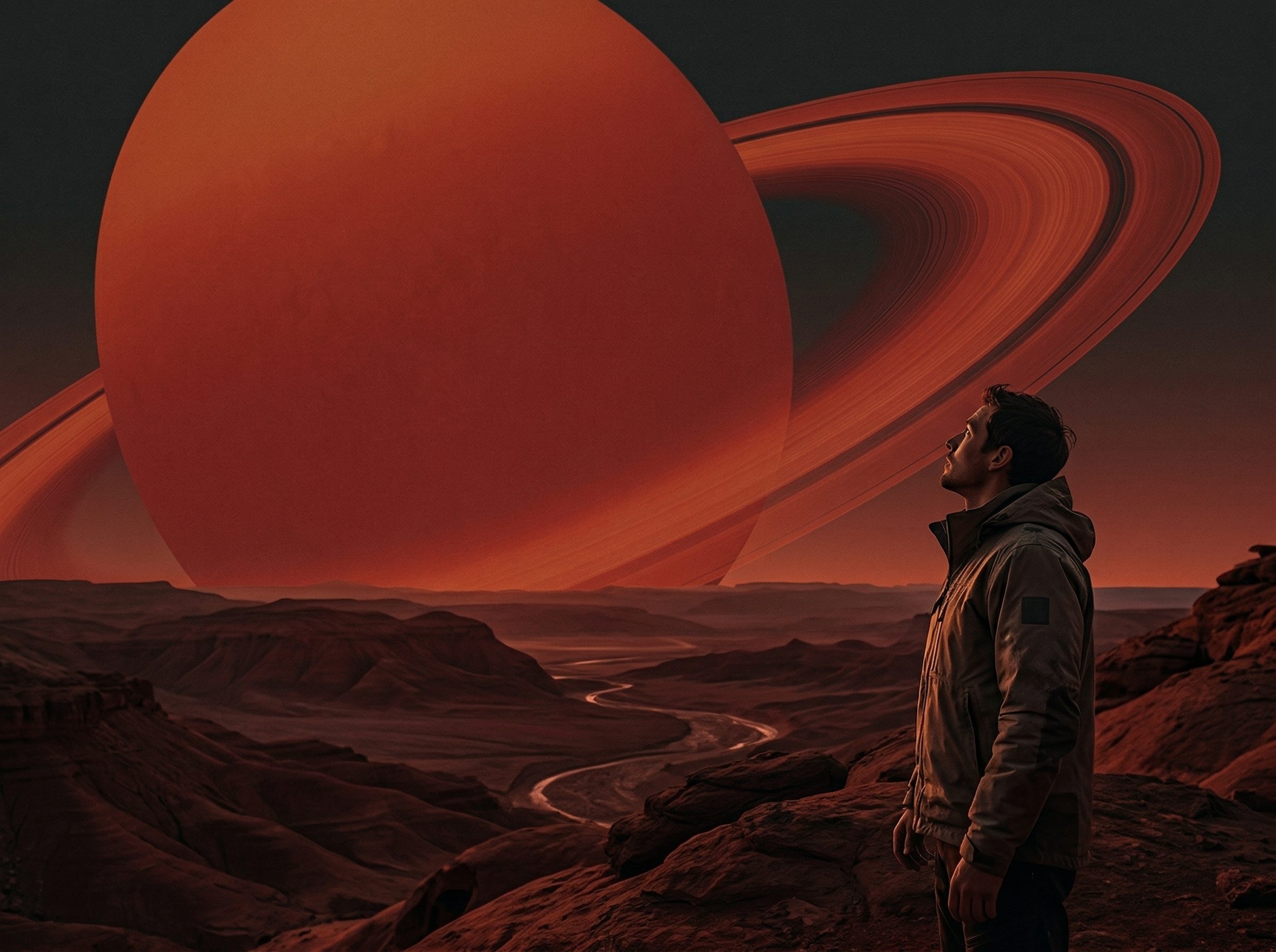 Man Gazing at Giant Ringed Planet in Red Desert