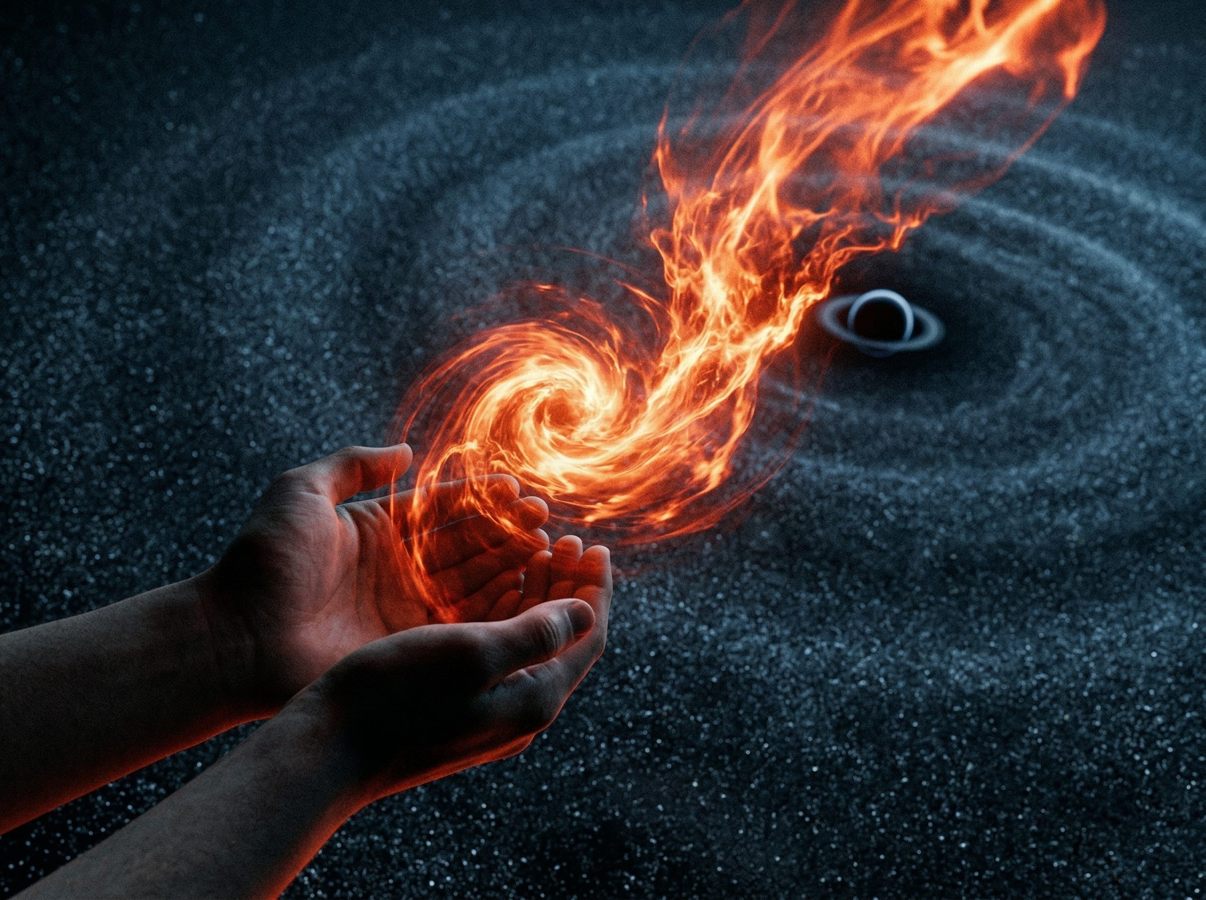 Hands conjuring fiery spiral in cosmic space