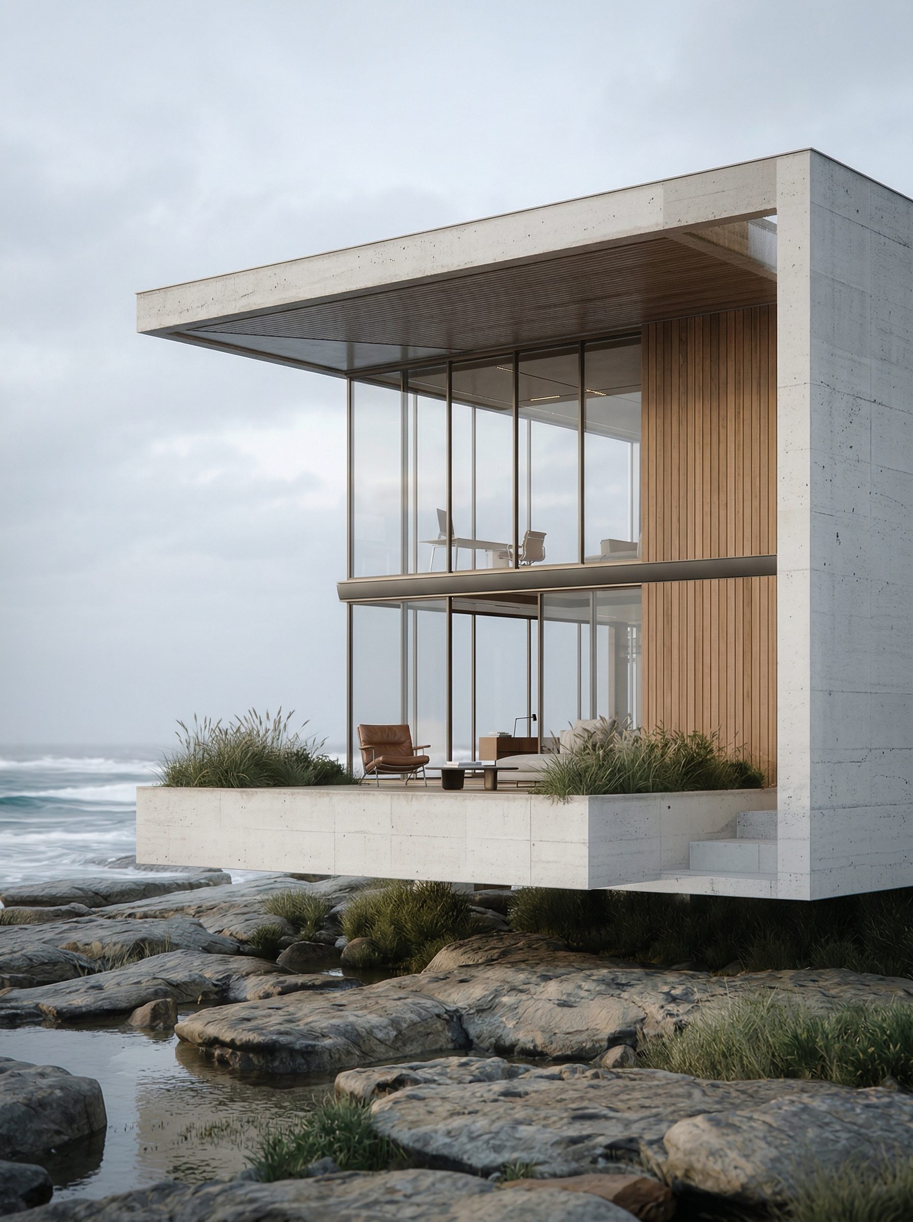 Modern coastal house with glass facade and patio