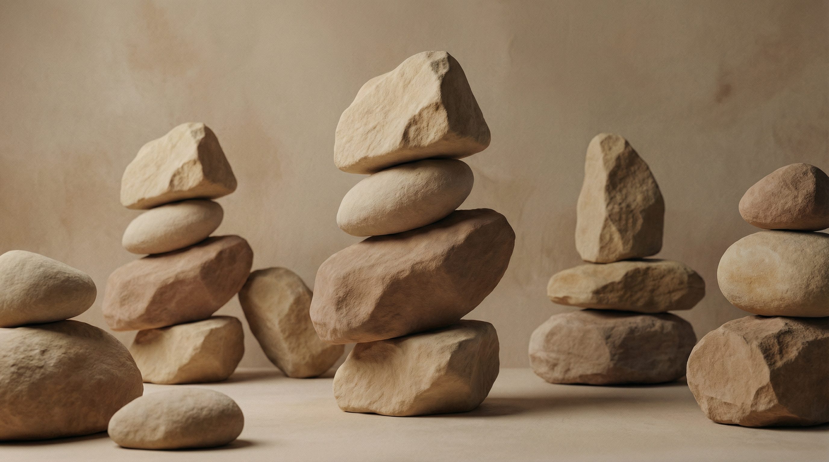 Balanced stone stacks on neutral background