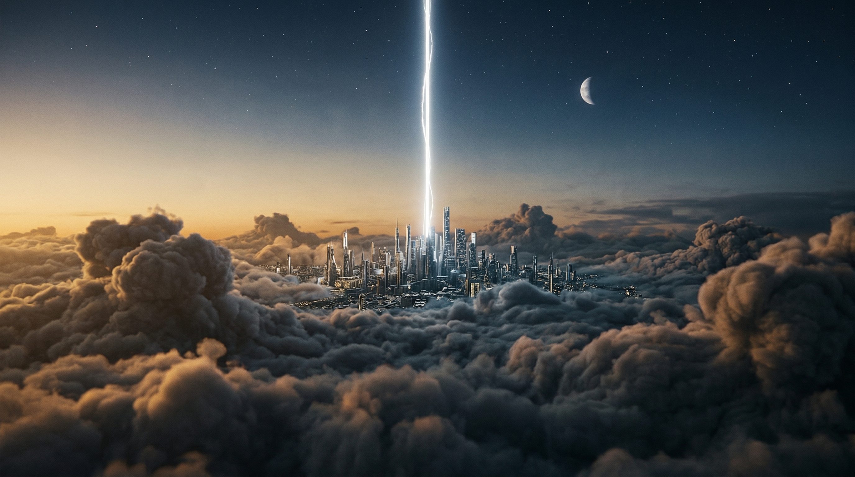 Futuristic City Above Clouds with Light Beam