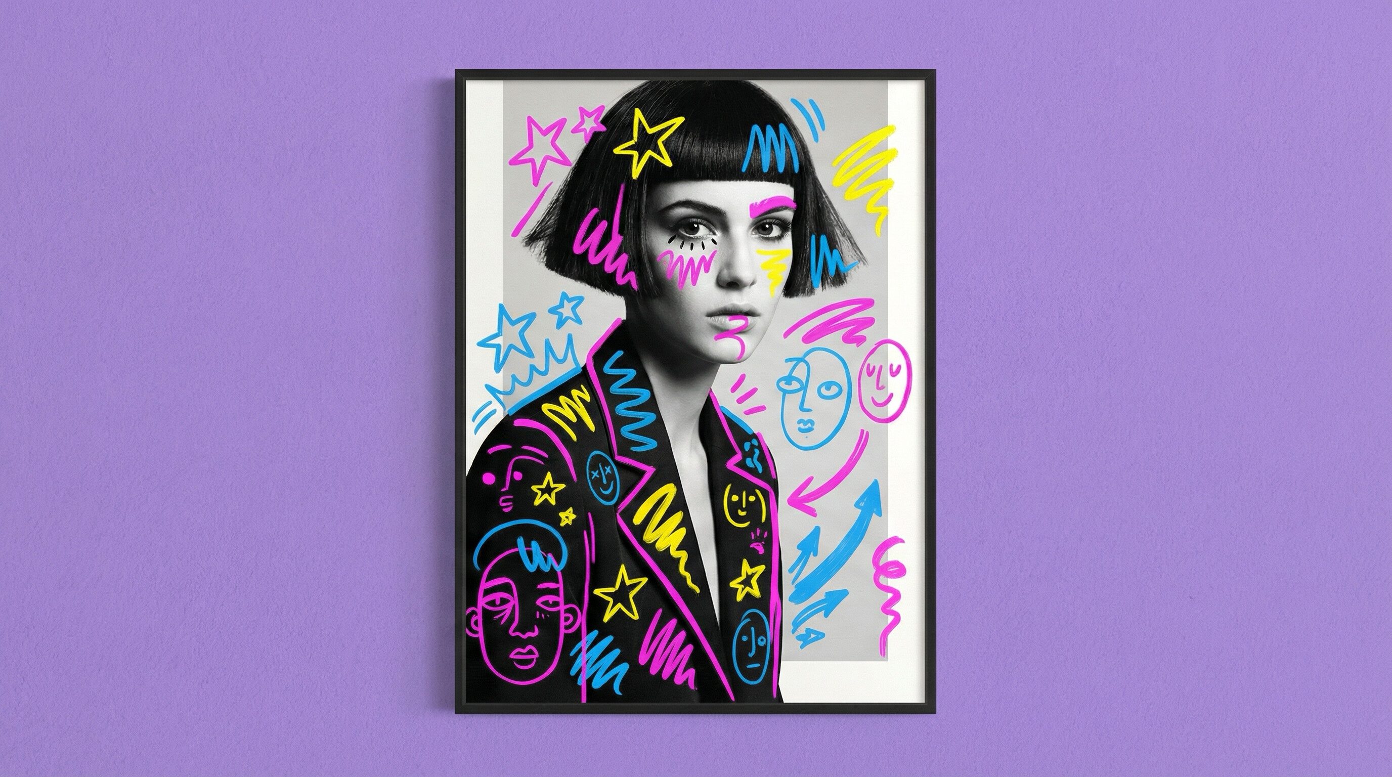 Neon Doodle Portrait on Purple Wall