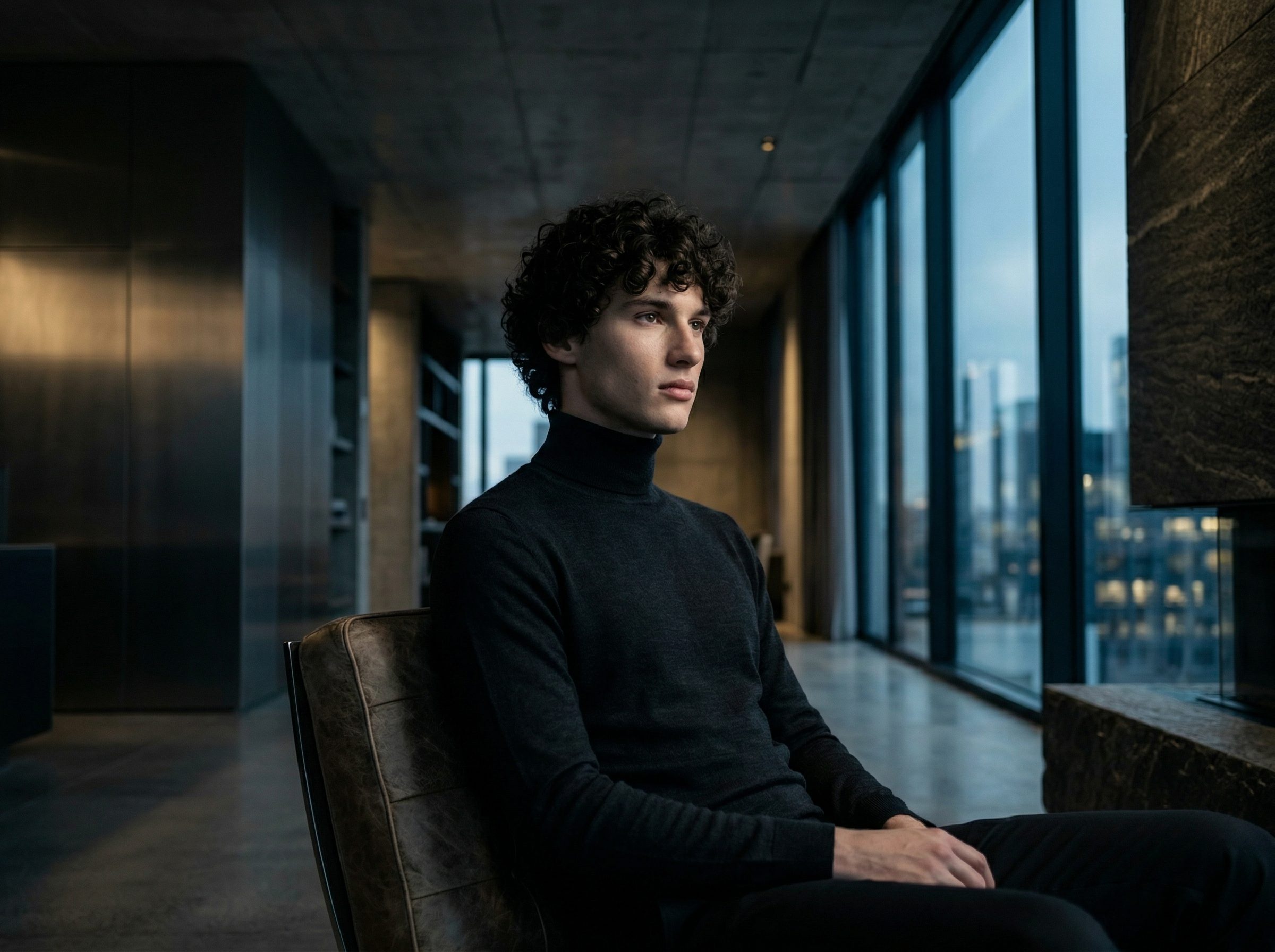 Pensive man in modern office by large windows