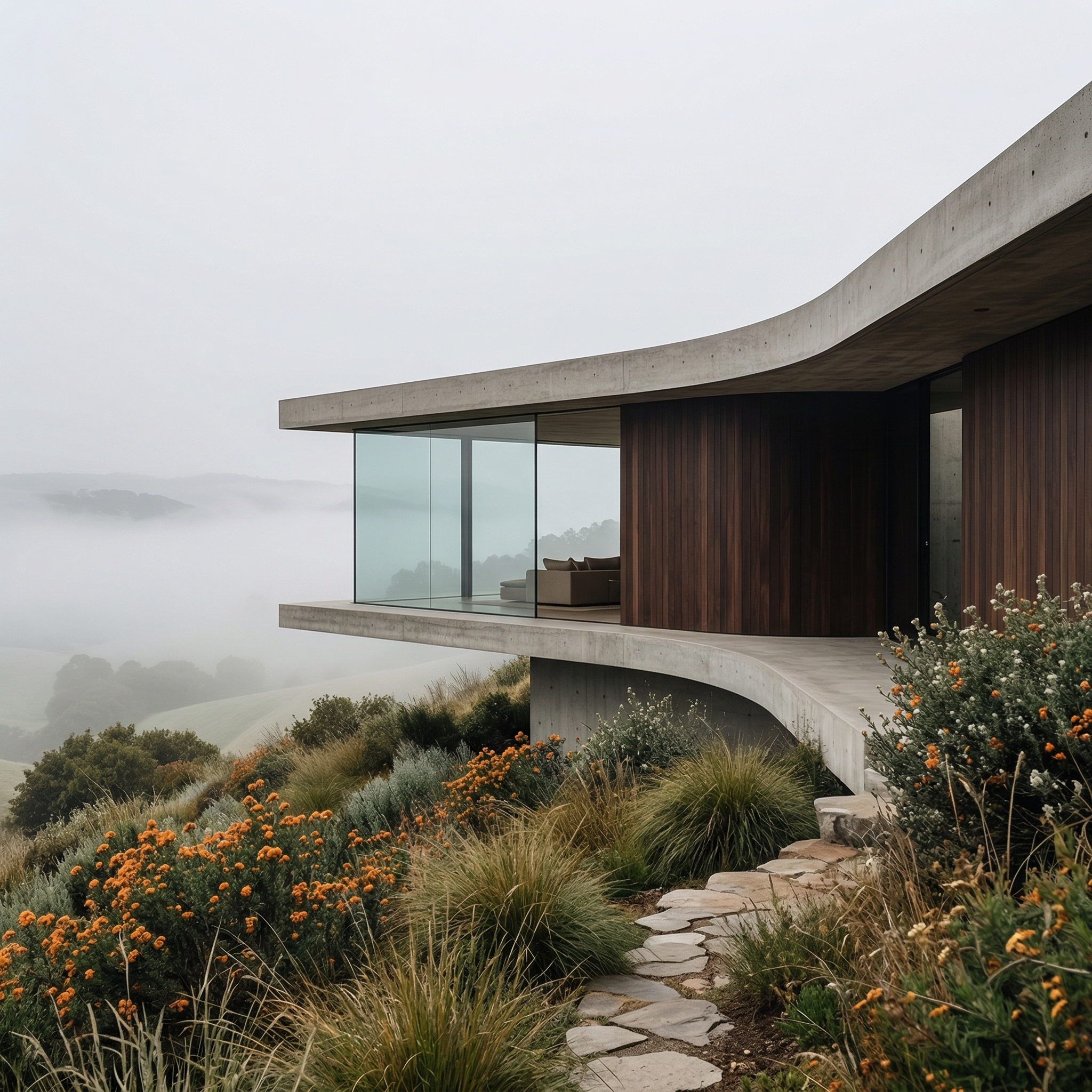 Modern Hillside House in Morning Fog