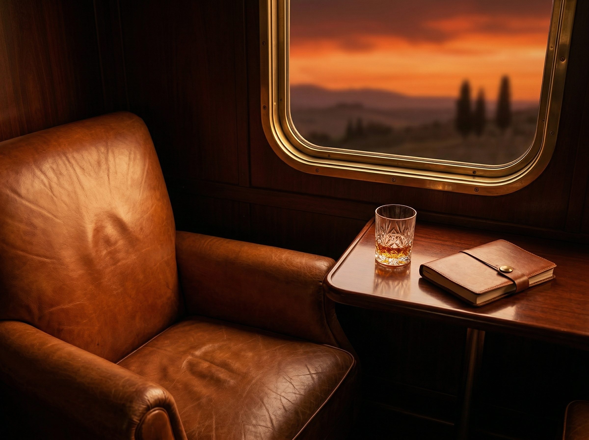 Vintage train cabin at sunset with whiskey and journal