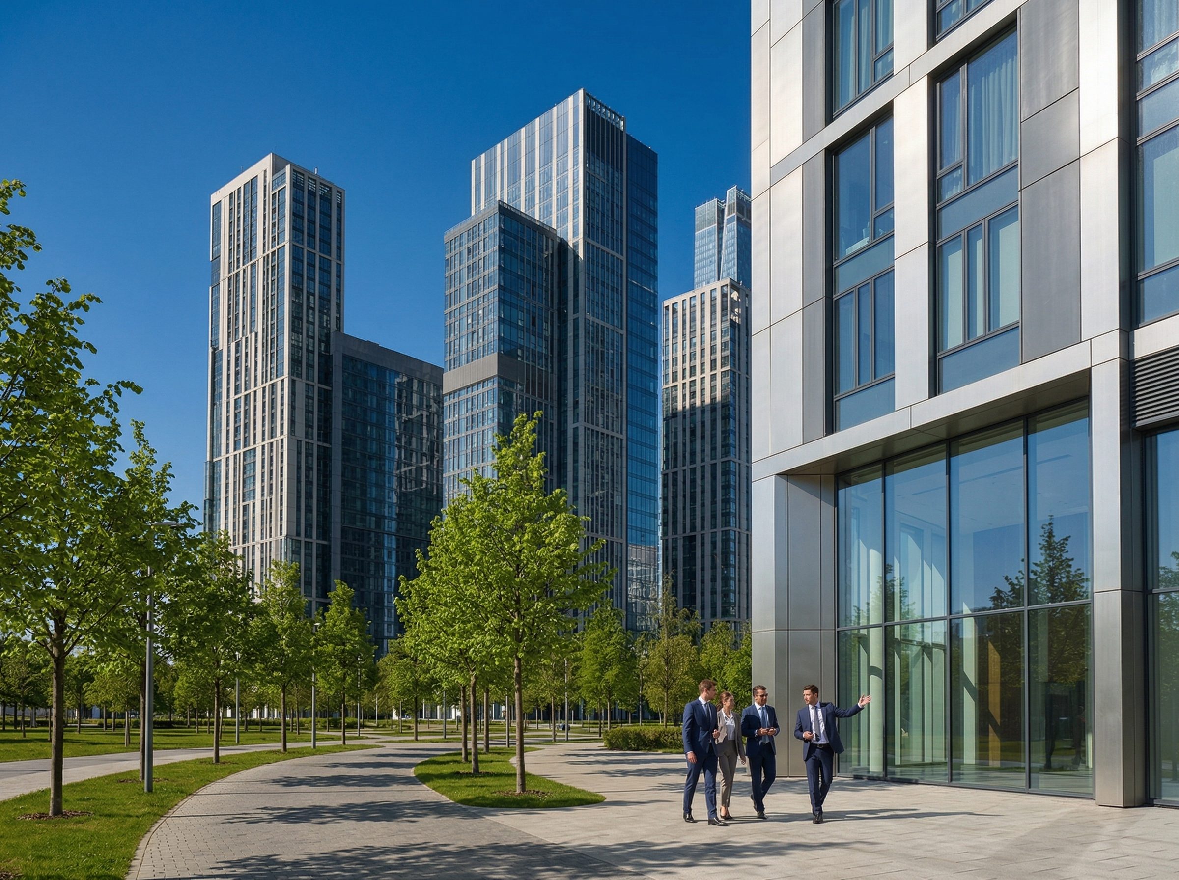 Business team walking by modern office towers