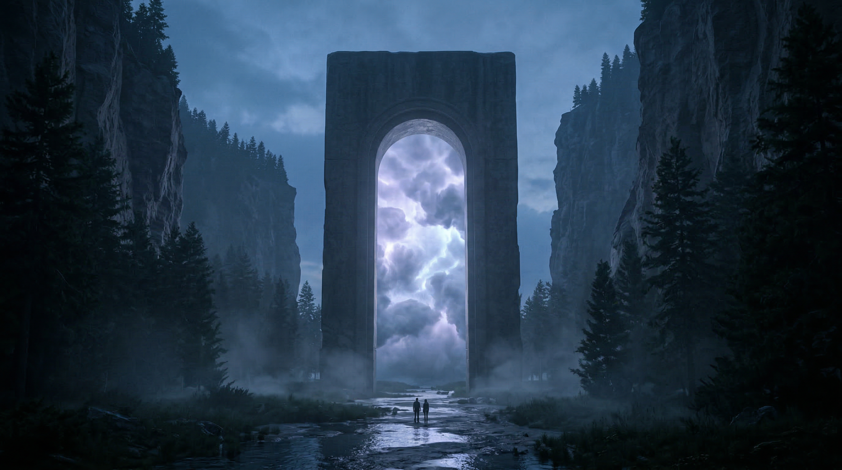 Monolithic stone arch in misty canyon