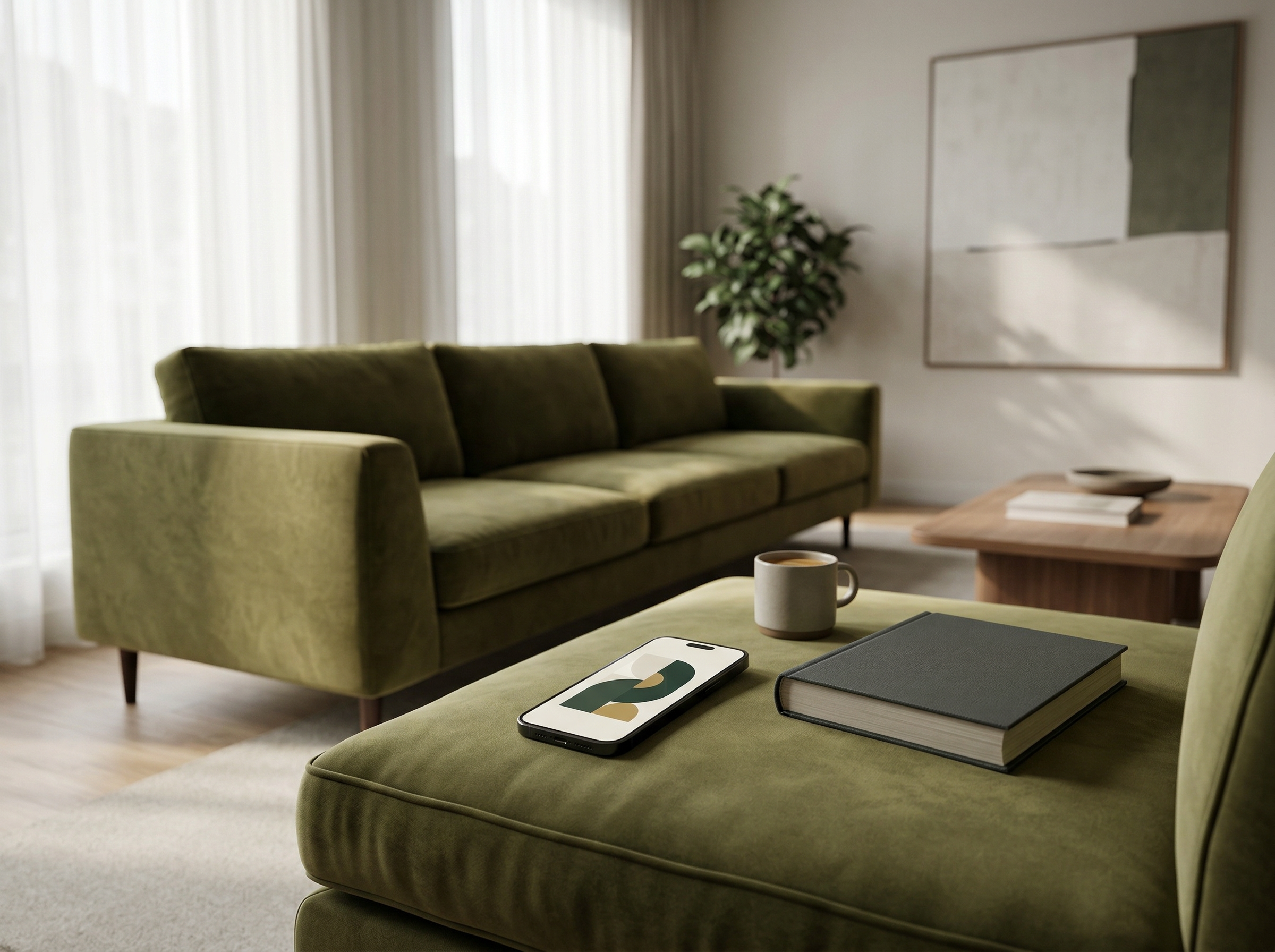 Modern Living Room With Olive Green Sofa