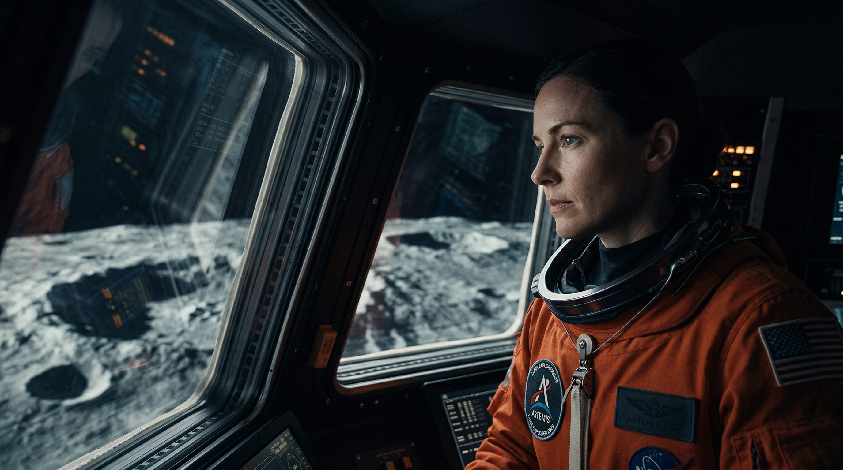 Astronaut in spacecraft cockpit viewing lunar surface