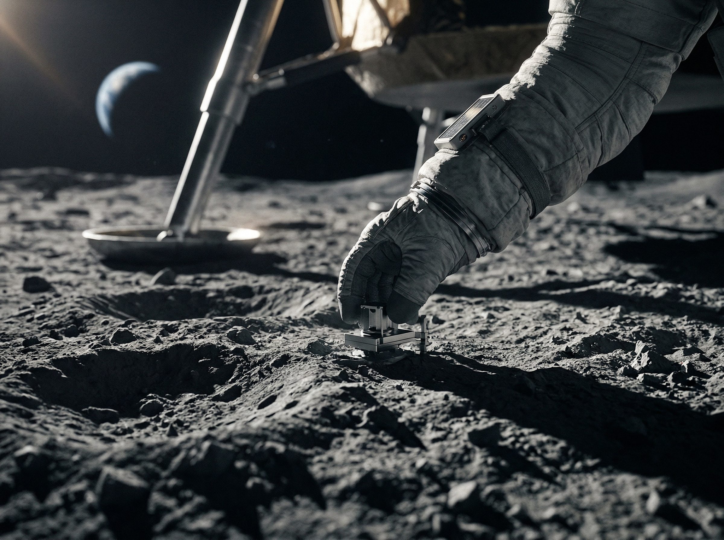 Astronaut Hand Collecting Sample on Moon Surface