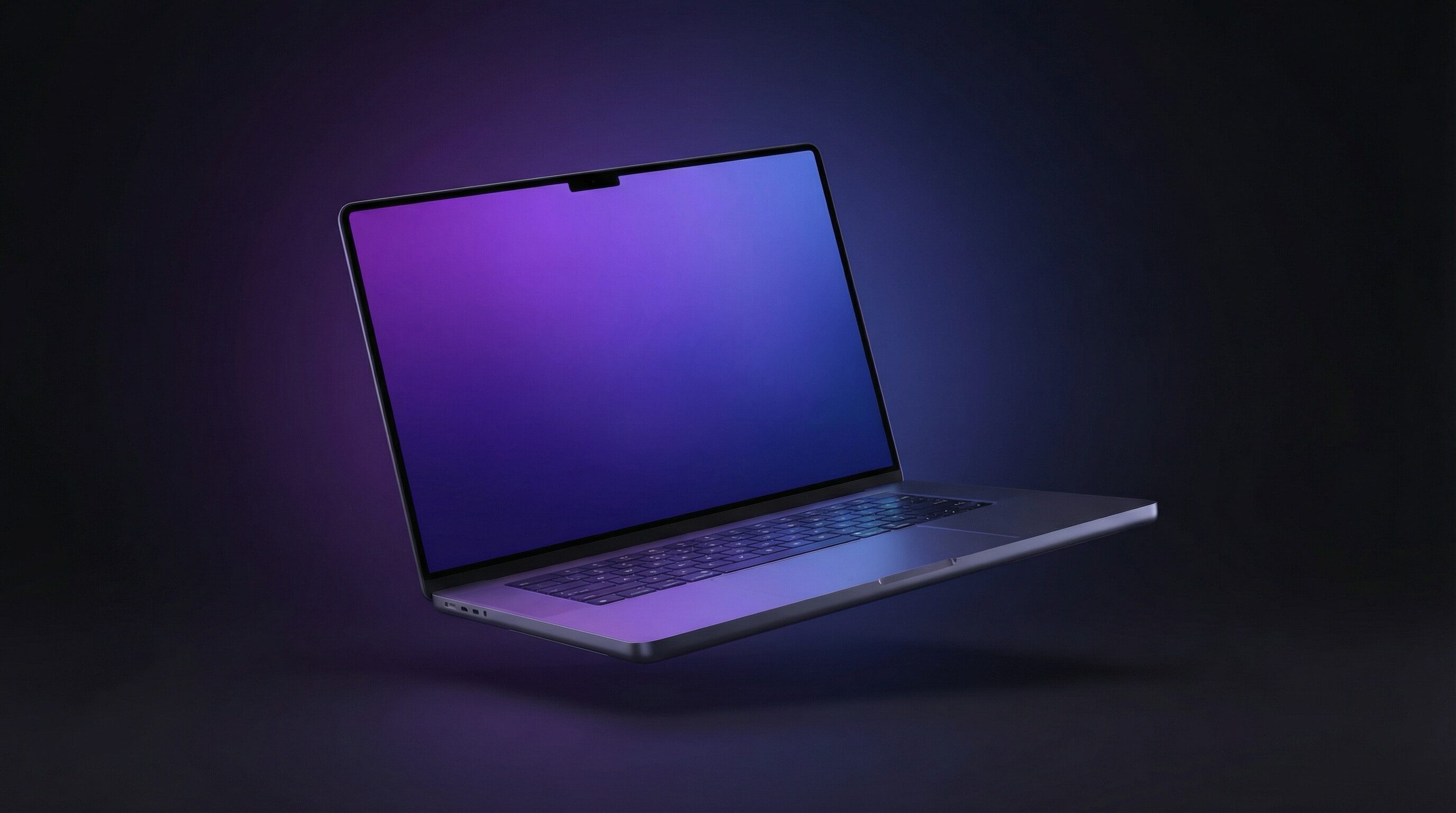 Floating laptop with purple gradient screen