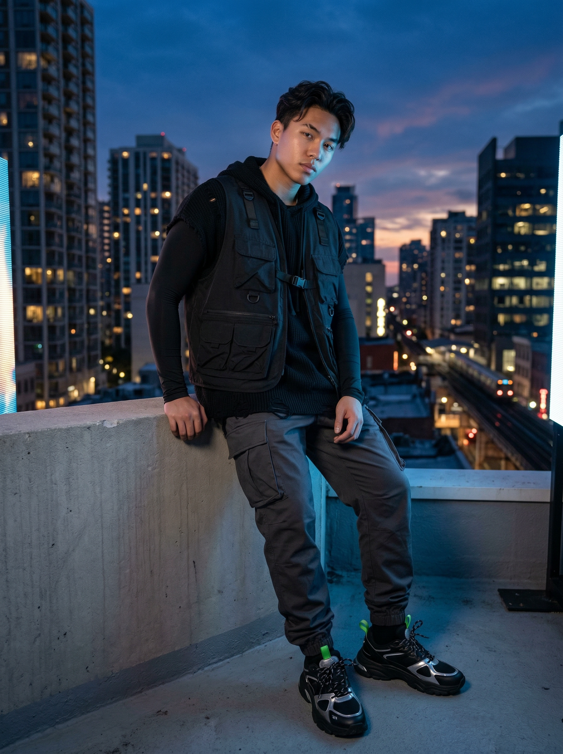 Urban Fashion Portrait on Rooftop at Dusk