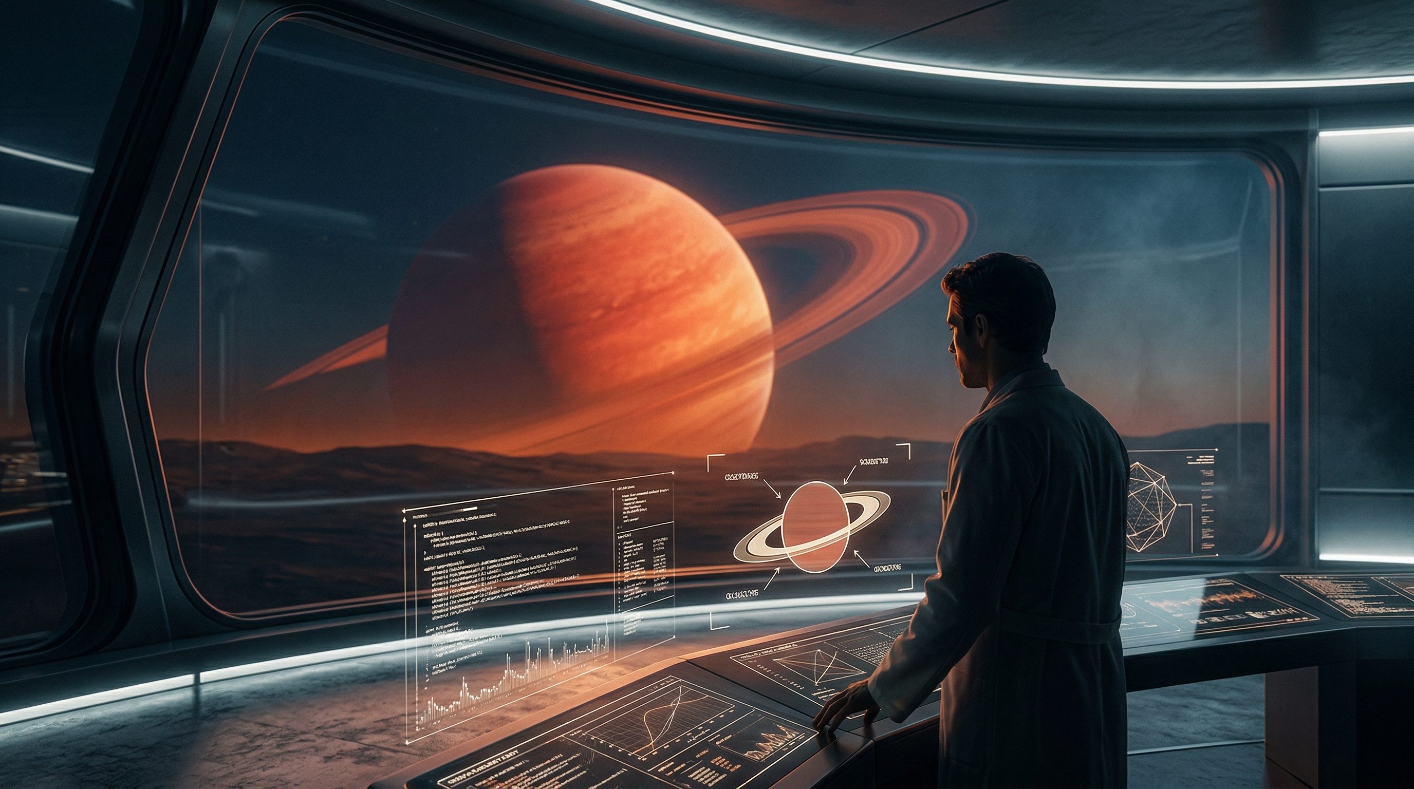 Scientist Viewing Ringed Planet Through Space Window
