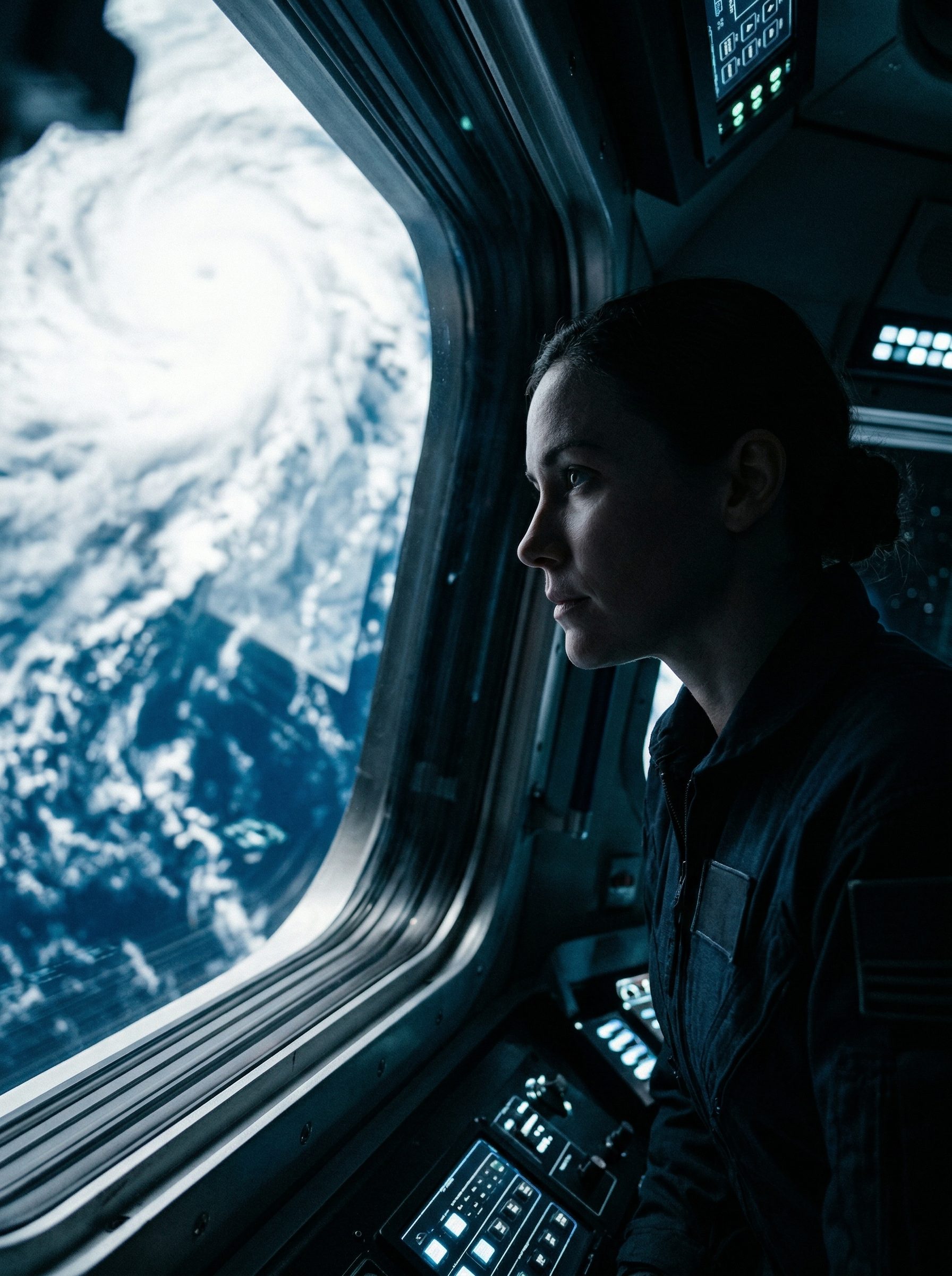 Astronaut gazing at Earth from spacecraft window