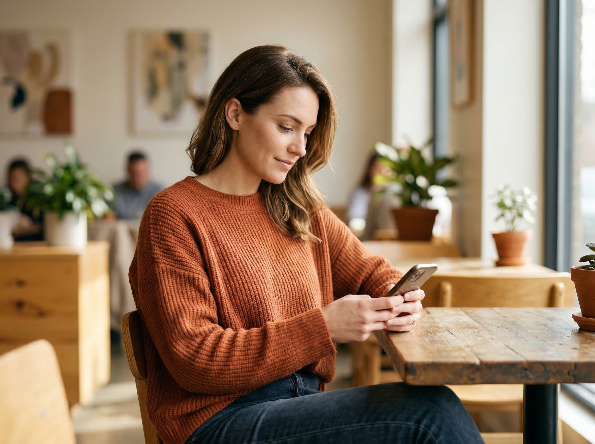 Woman Using Smartphone in Cozy Cafe