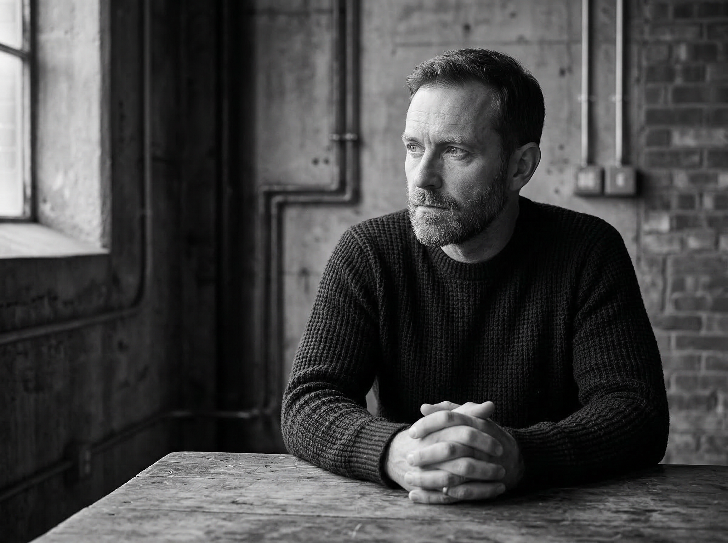 Pensive man in industrial loft, black and white