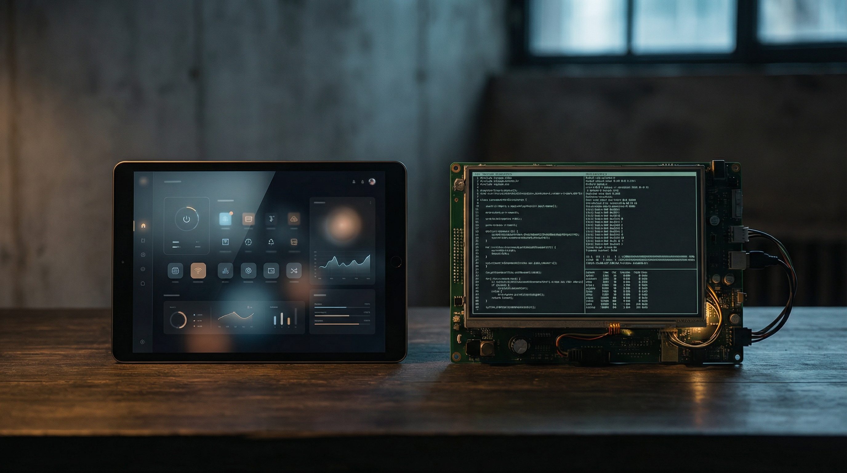 Tablet UI beside embedded system debug screen