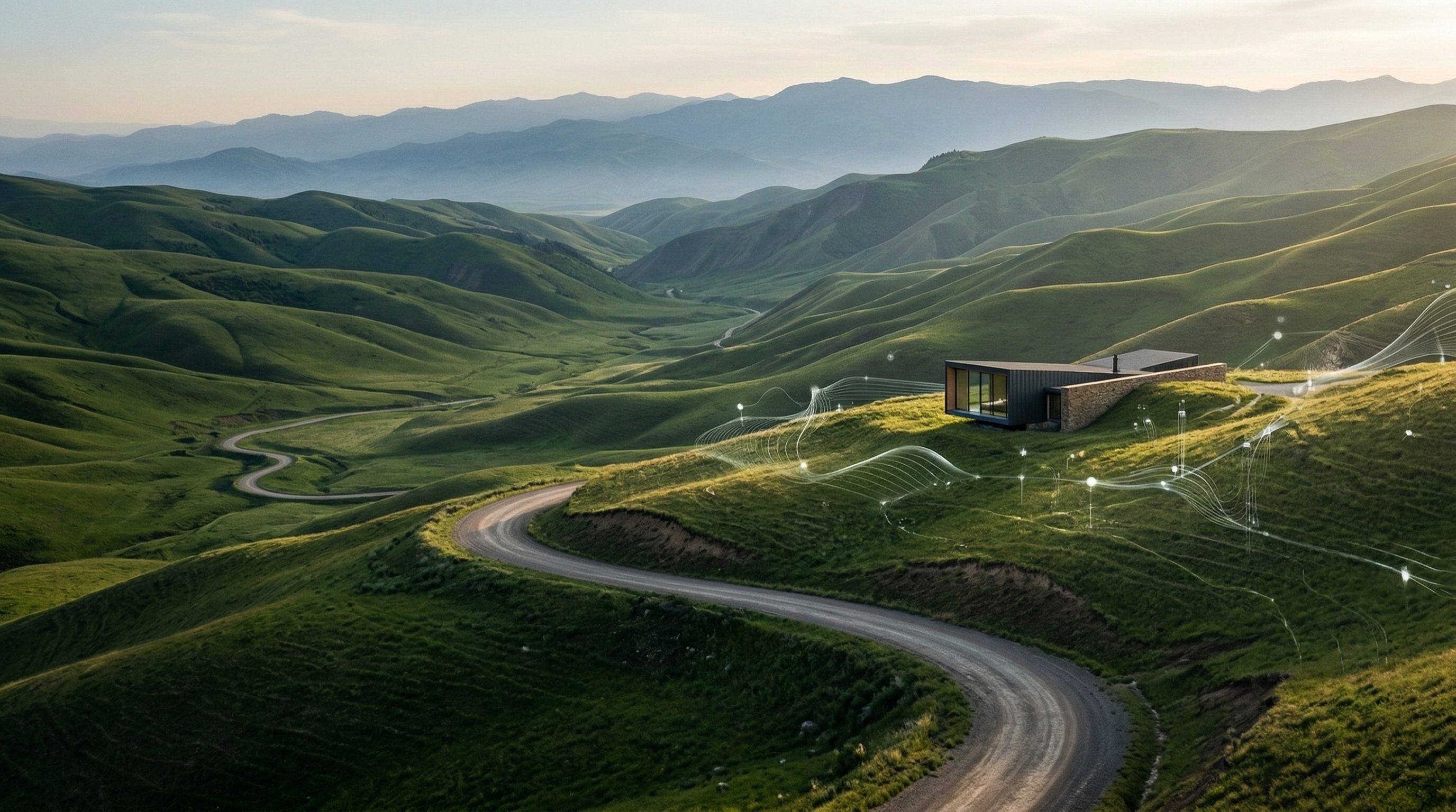 Modern cabin on green hills with winding road