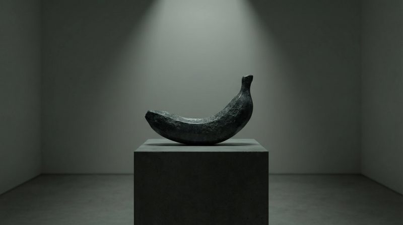 Dark stone banana sculpture on pedestal