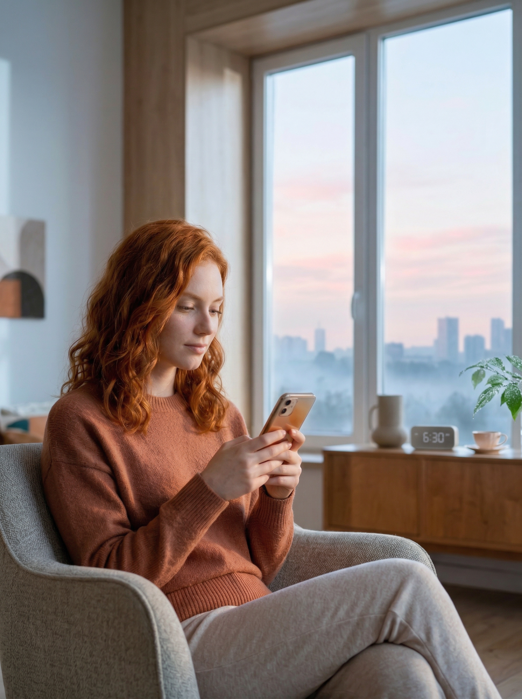 Woman Using Smartphone by Window at Sunrise