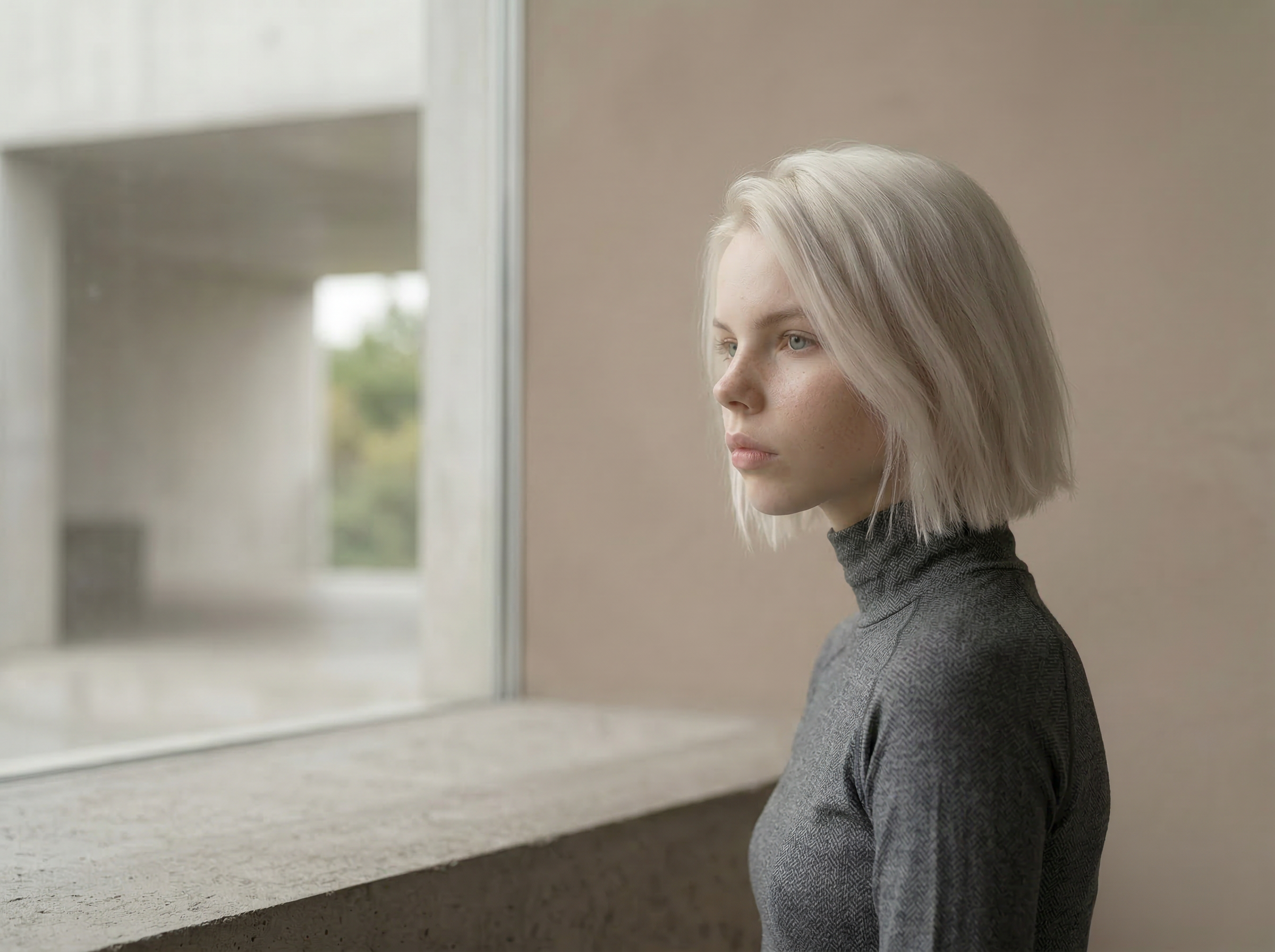 Pensive woman with platinum bob by window