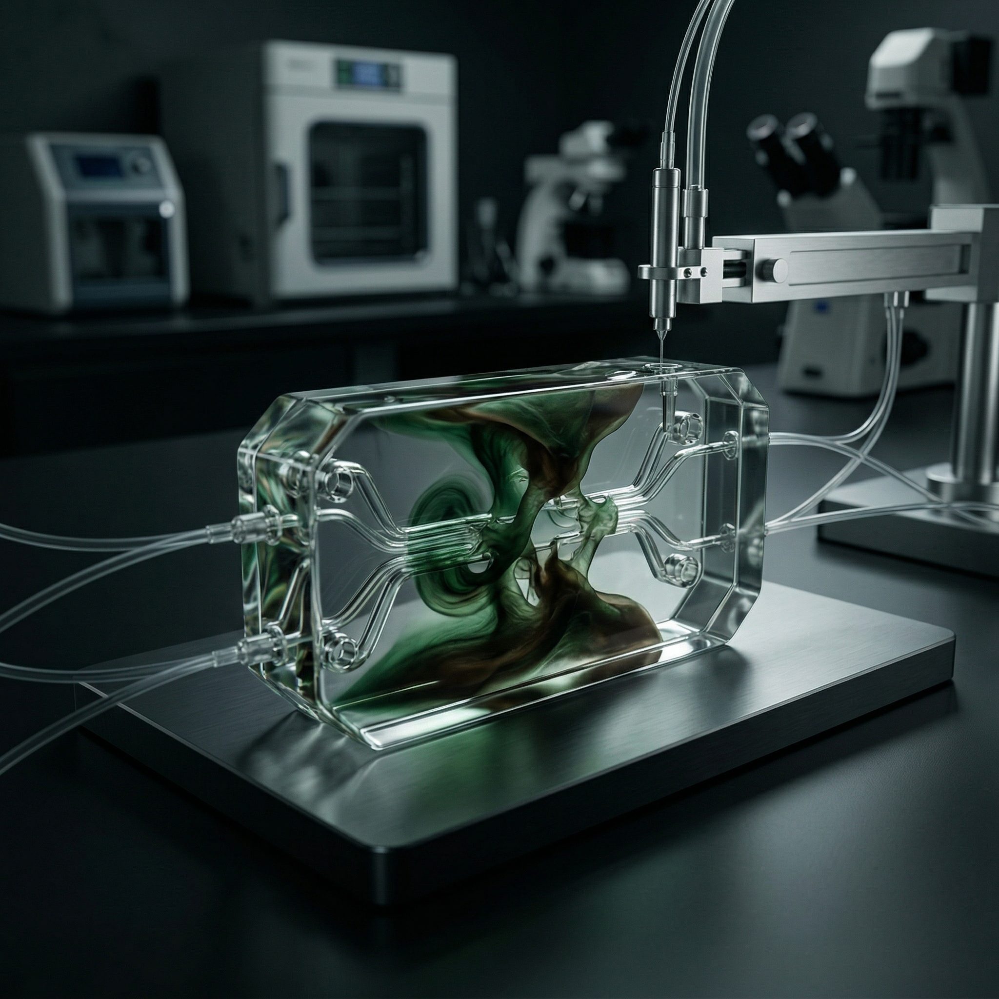 Microfluidic chip with swirling dye in lab setup