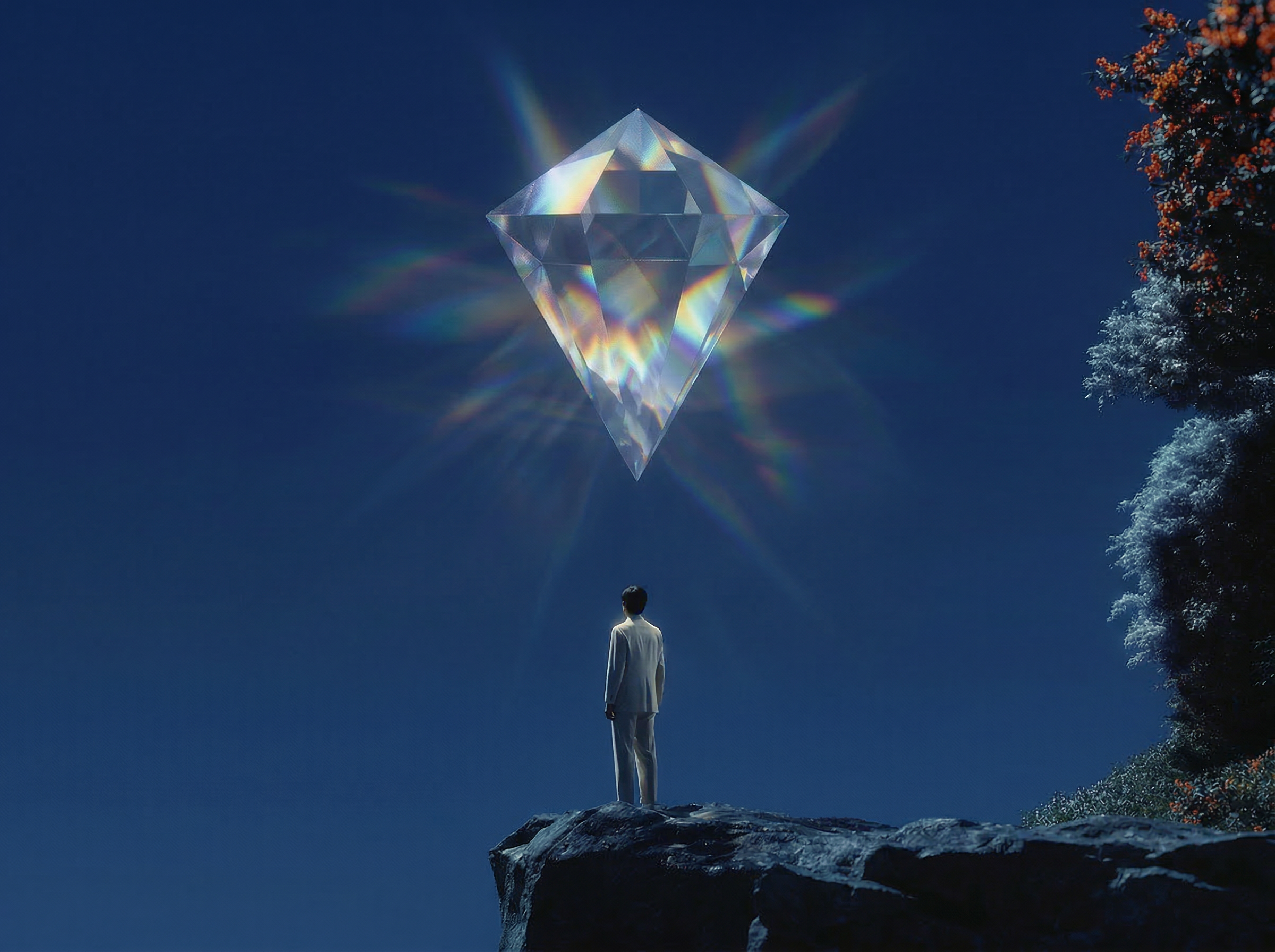 Figure Viewing Floating Prism in Night Sky