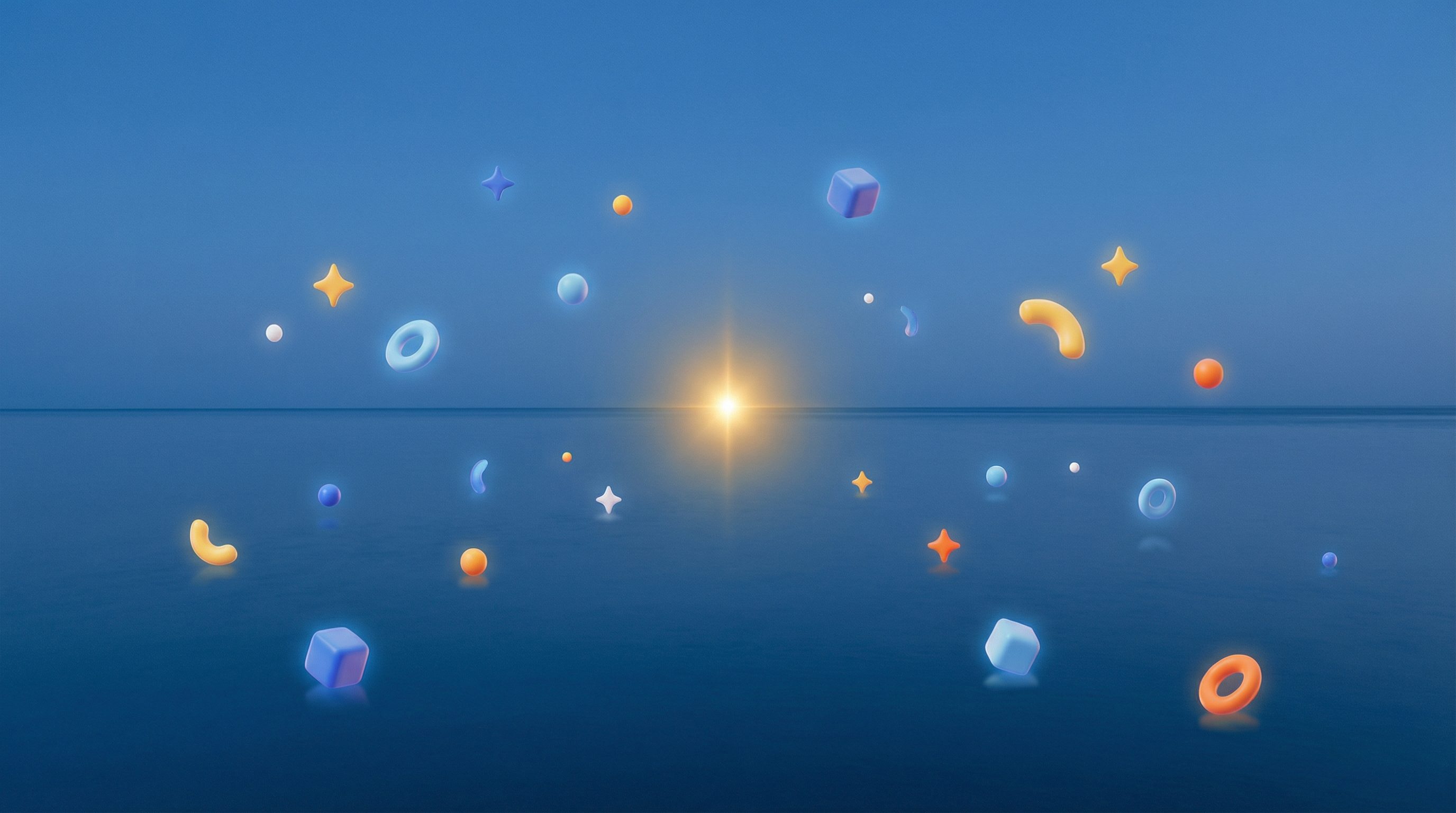 Abstract 3D shapes over calm ocean sunset