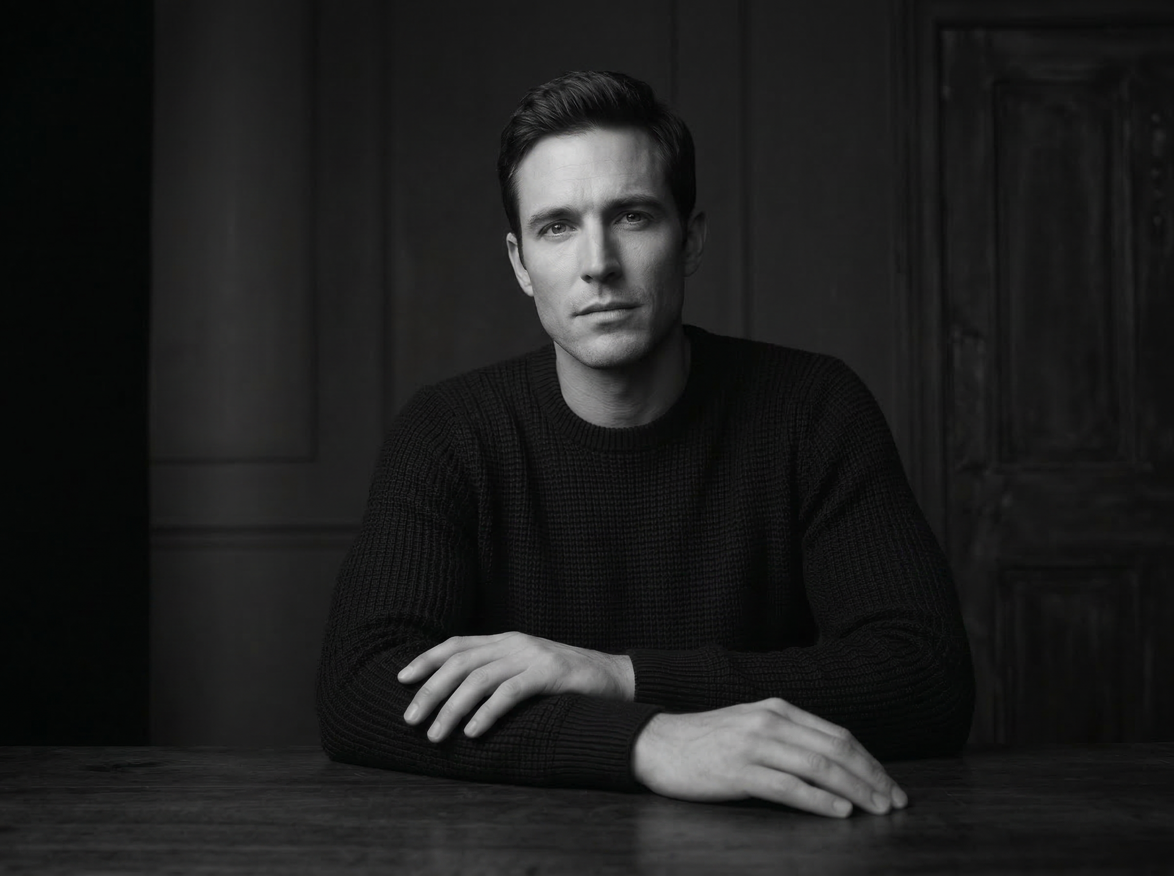 Black and White Male Portrait at Table