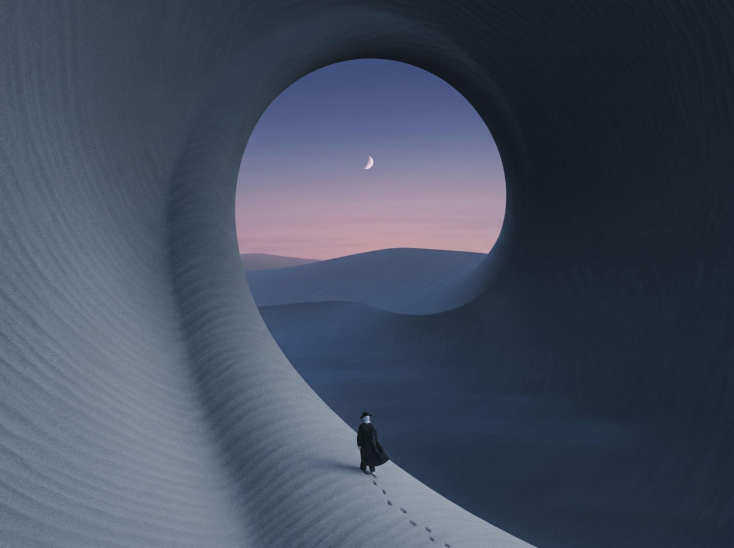 Surreal Figure Beneath Crescent Moon