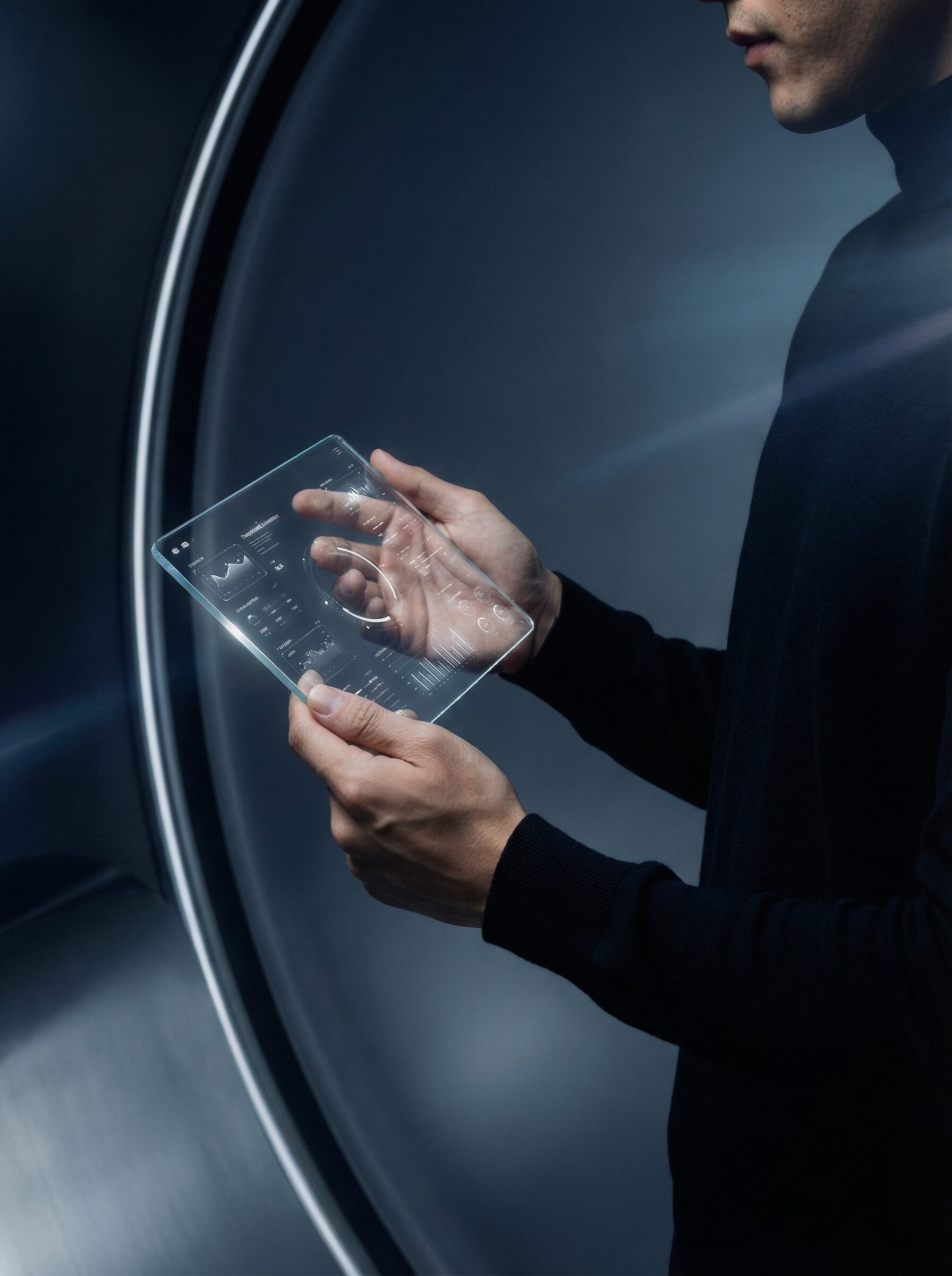 Man Holding Futuristic Transparent Tablet