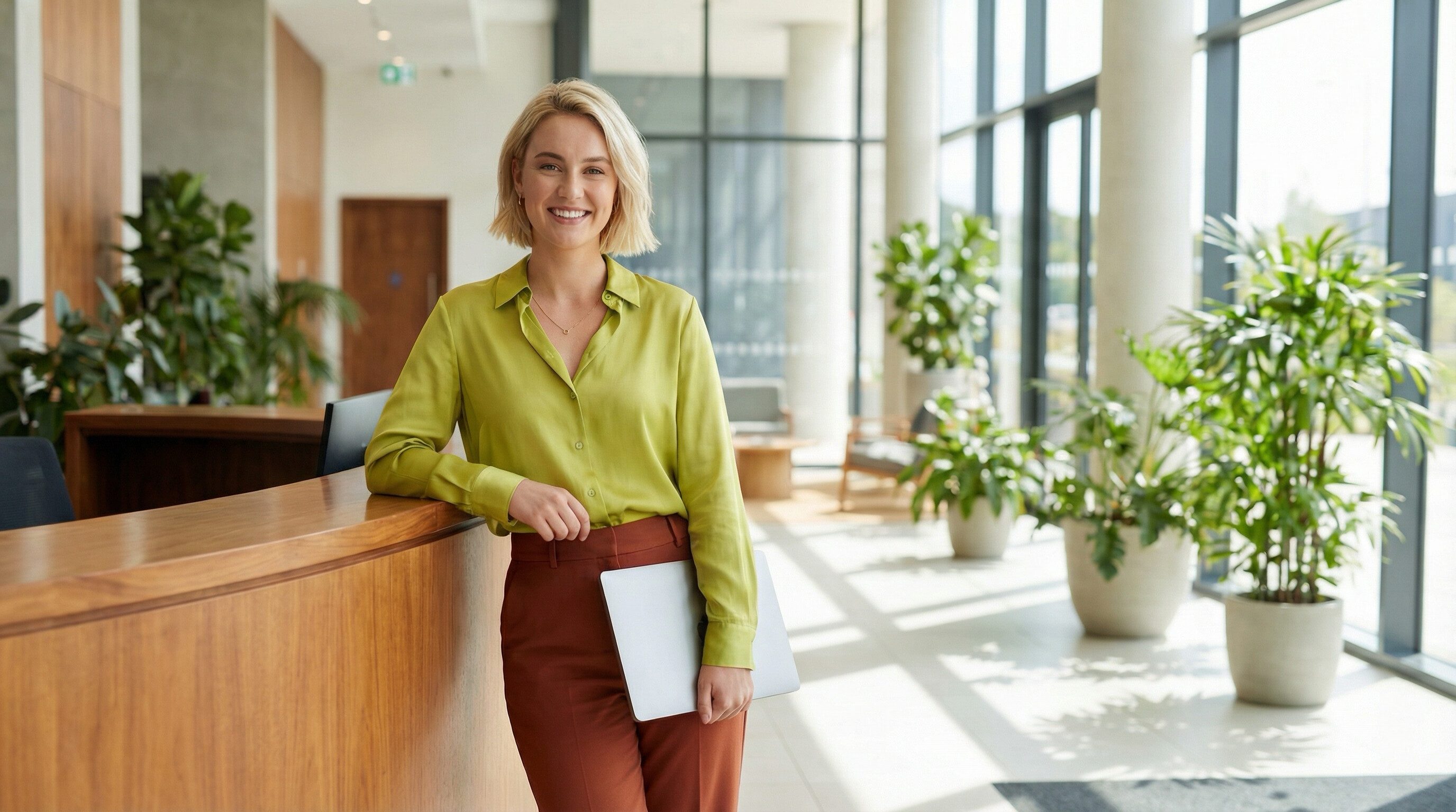 Smiling professional with laptop in modern office lobby