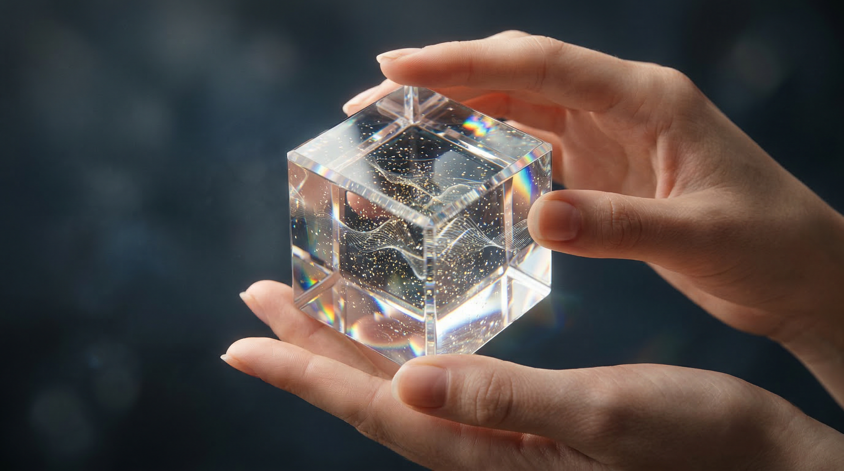 Hands Holding Transparent Data Cube